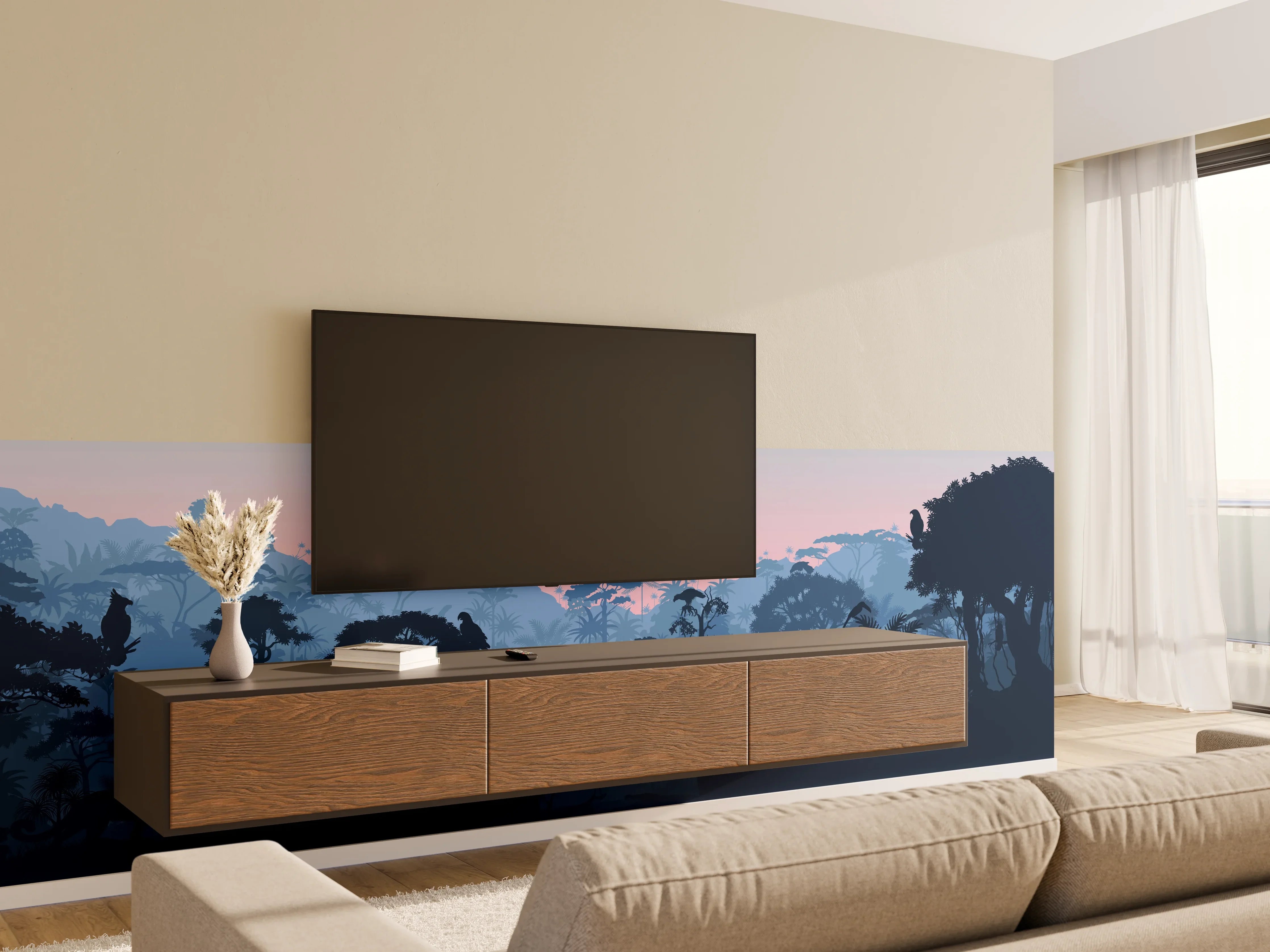 Wandverkleidung Wohnzimmer - Dschungel Silhouette bei Dämmerung