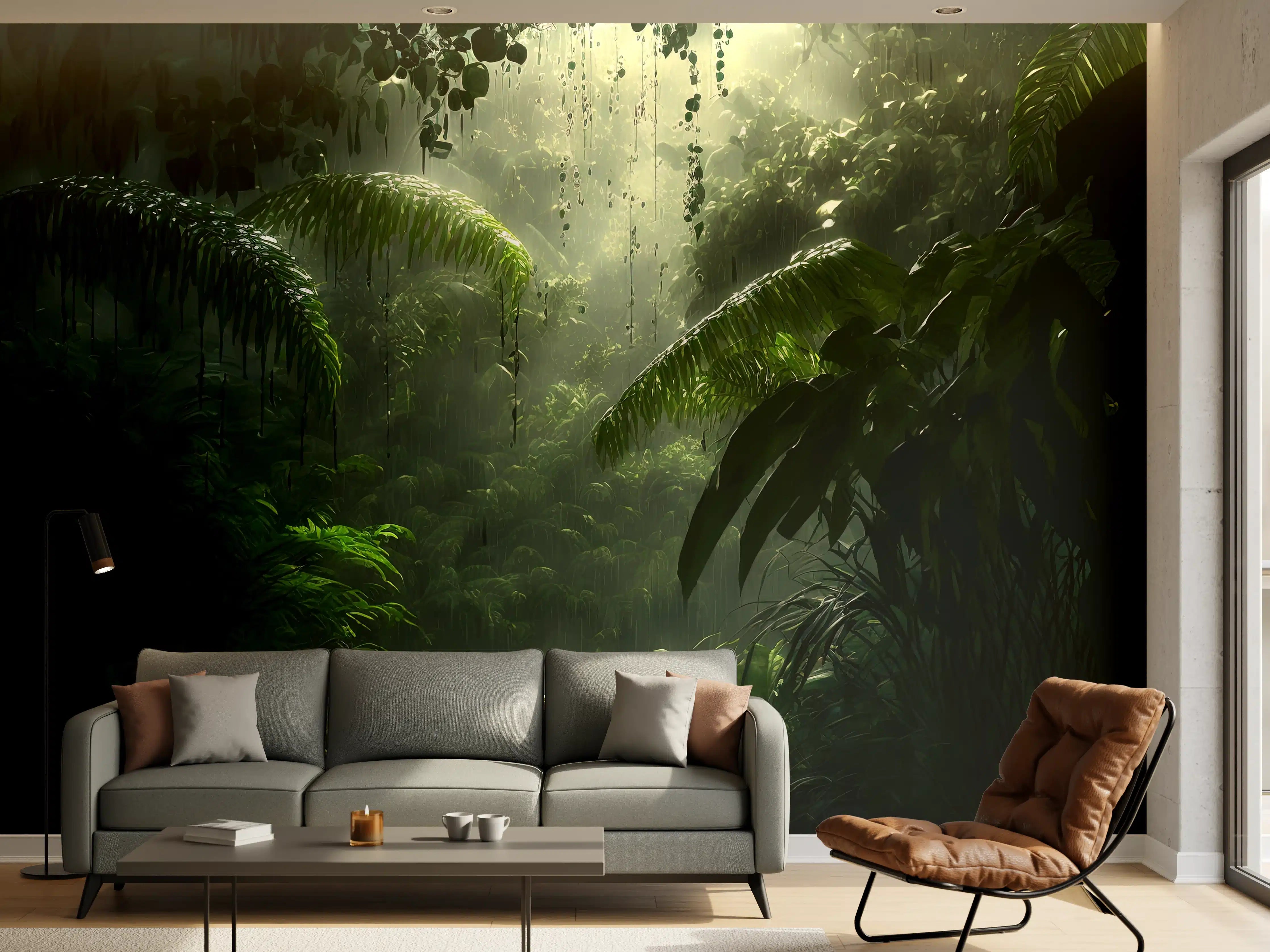 Wandverkleidung Wohnzimmer - Dschungelpanorama mit Sonnenlicht