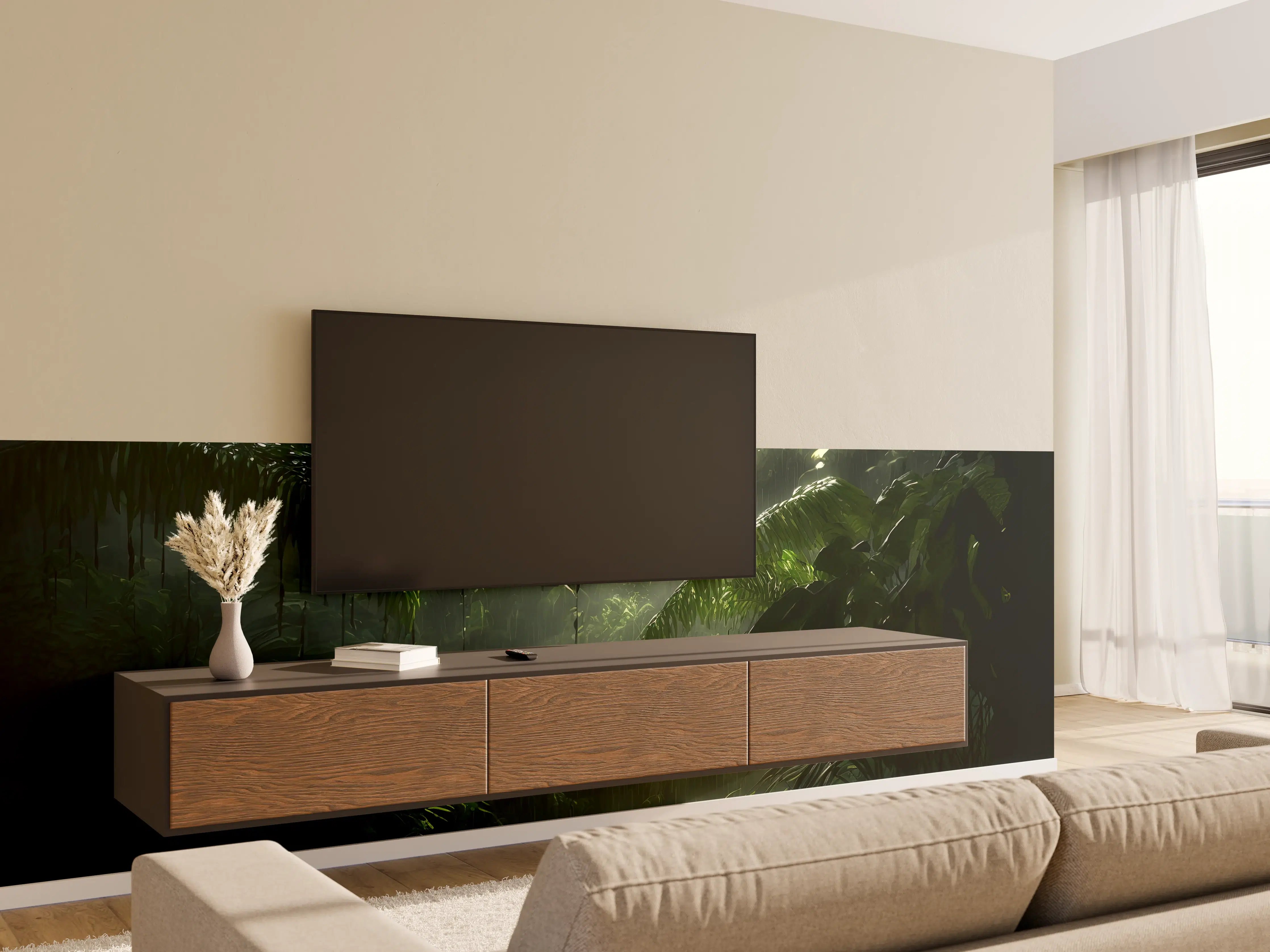 Wandverkleidung Wohnzimmer - Dschungelpanorama mit Sonnenlicht