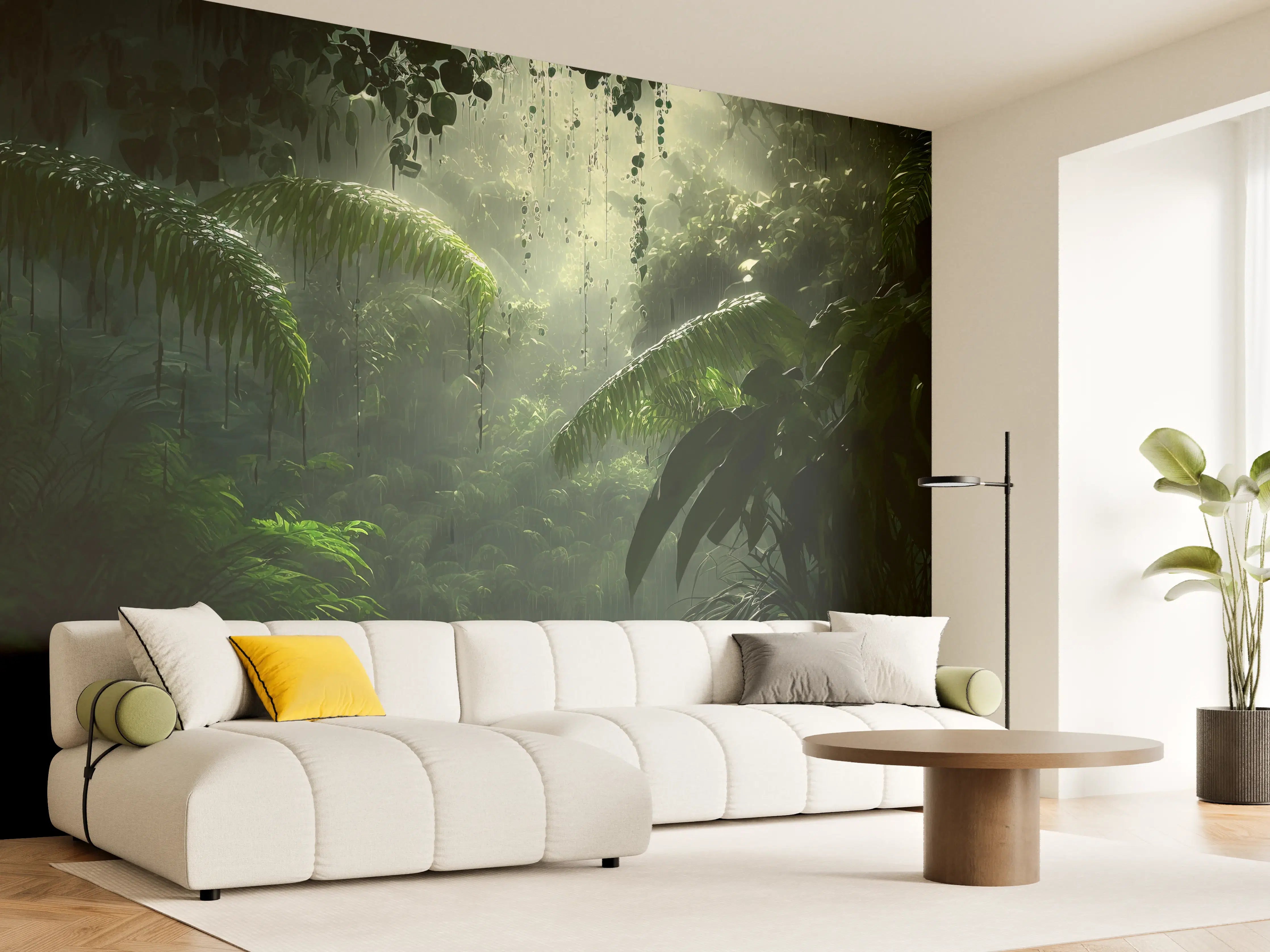 Wandverkleidung Wohnzimmer - Dschungelpanorama mit Sonnenlicht