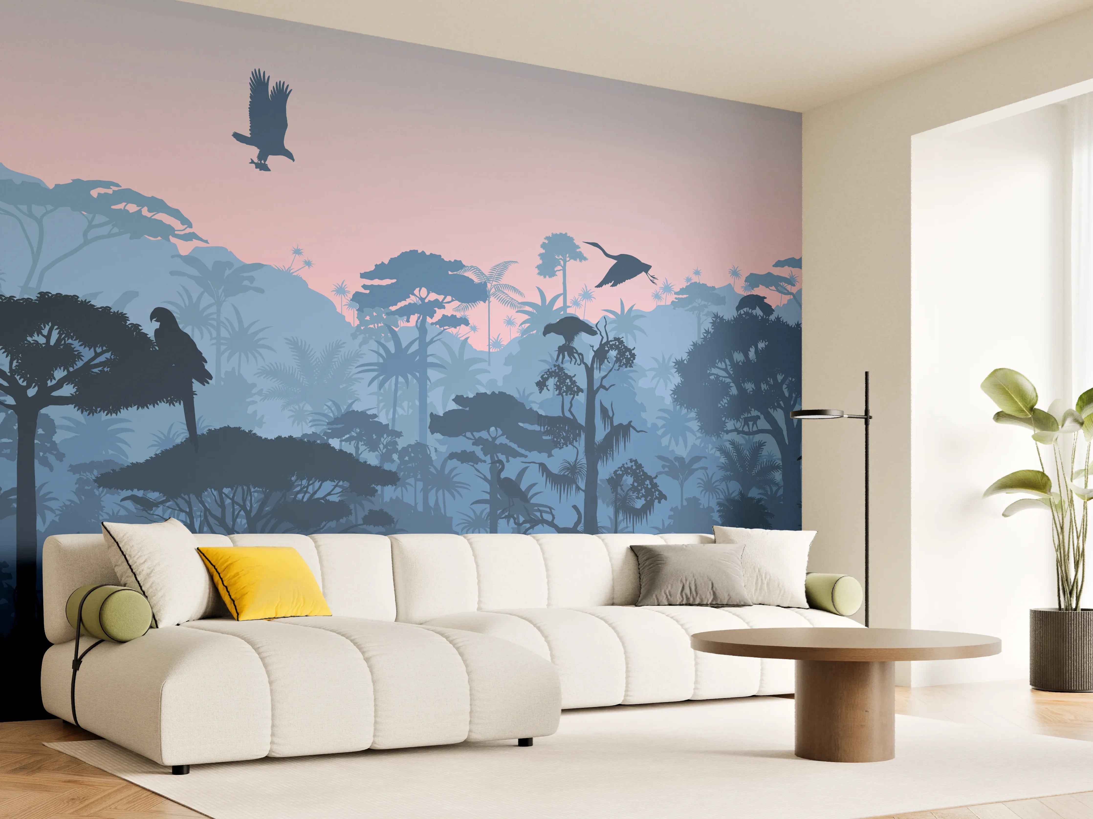 Wandverkleidung Wohnzimmer - Dschungelsilhouette bei Dämmerung