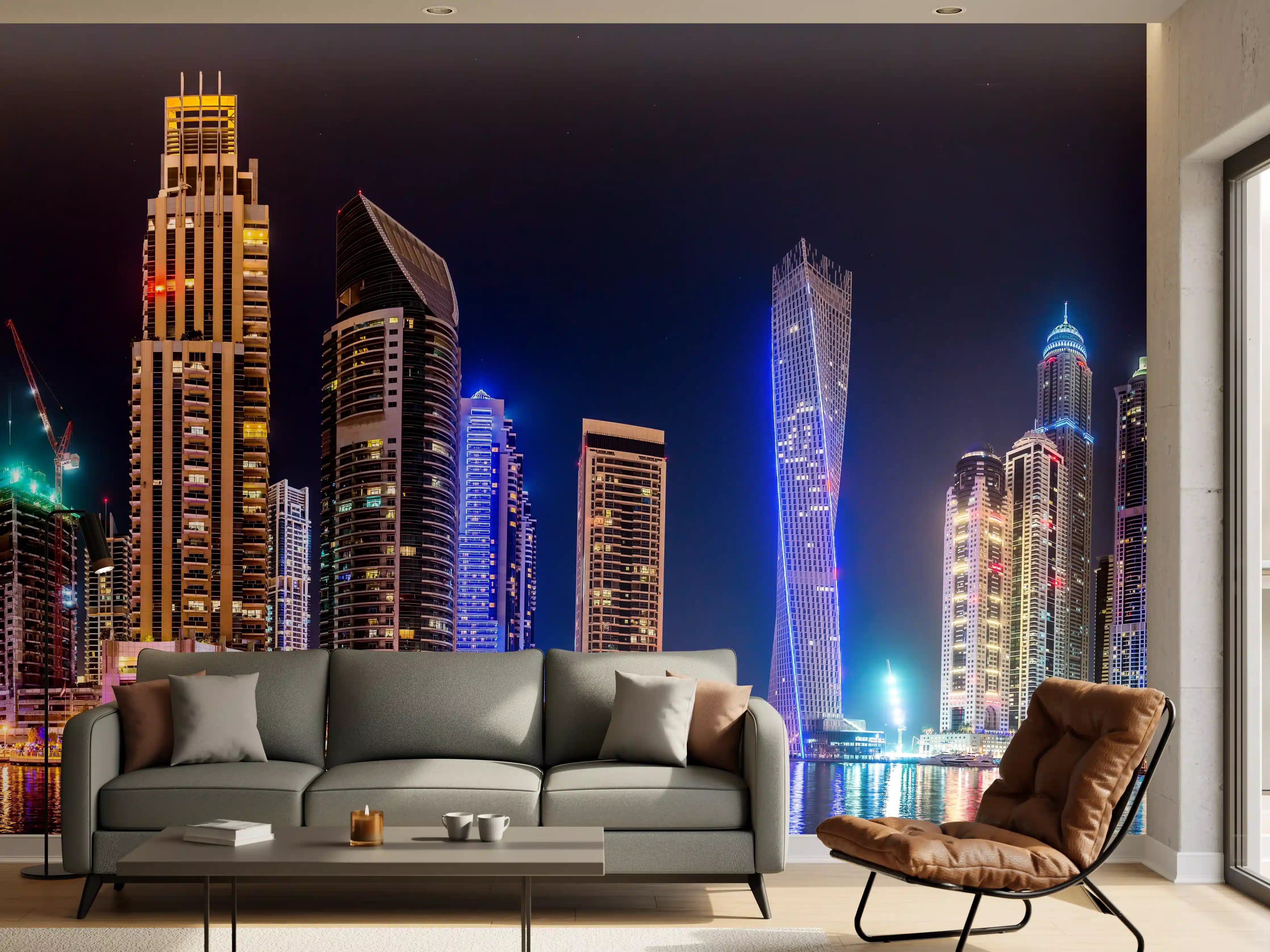 Wandverkleidung Wohnzimmer - Dubai Marina Skyline bei Nacht