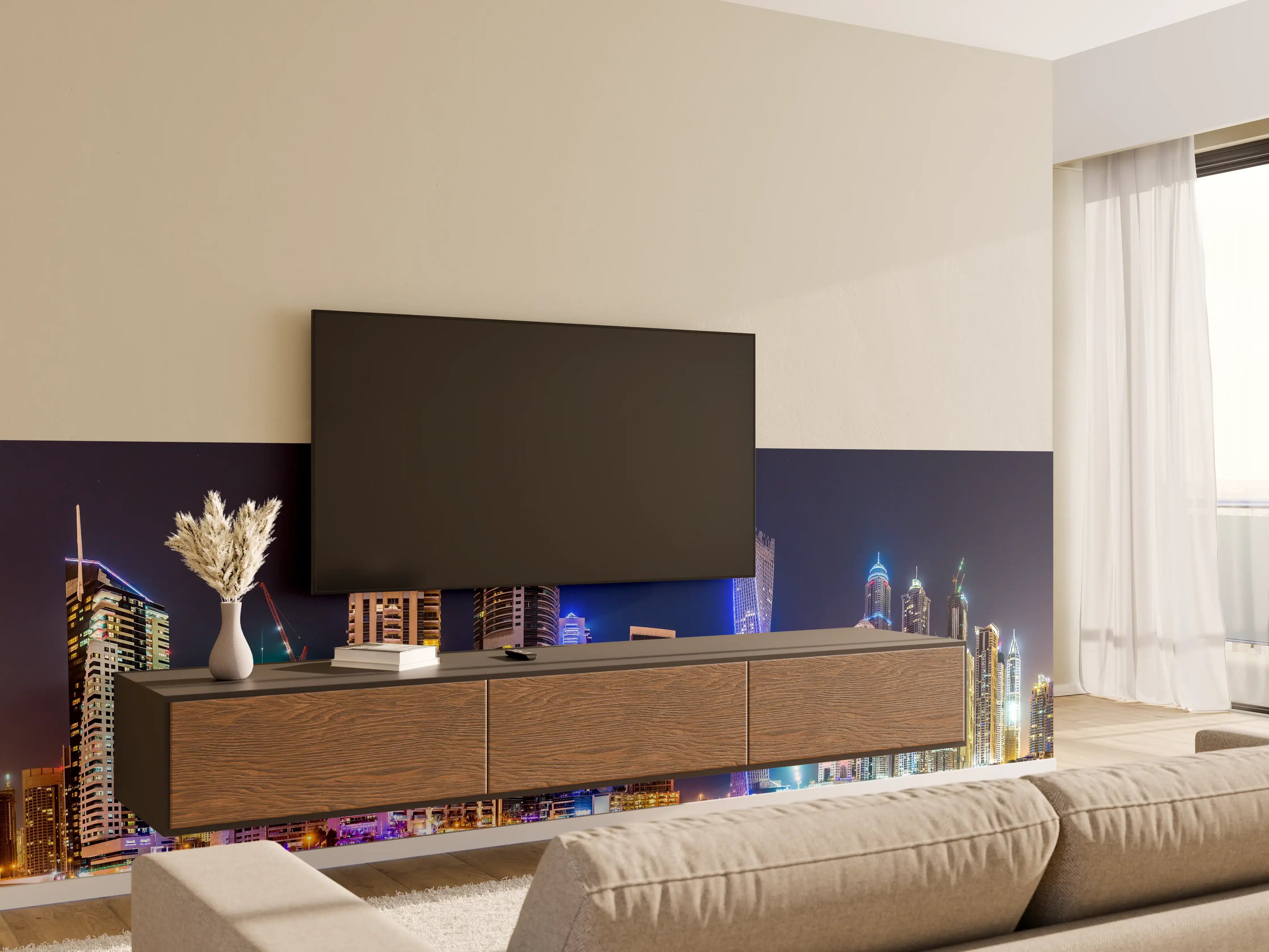 Wandverkleidung Wohnzimmer - Dubai Marina Skyline bei Nacht