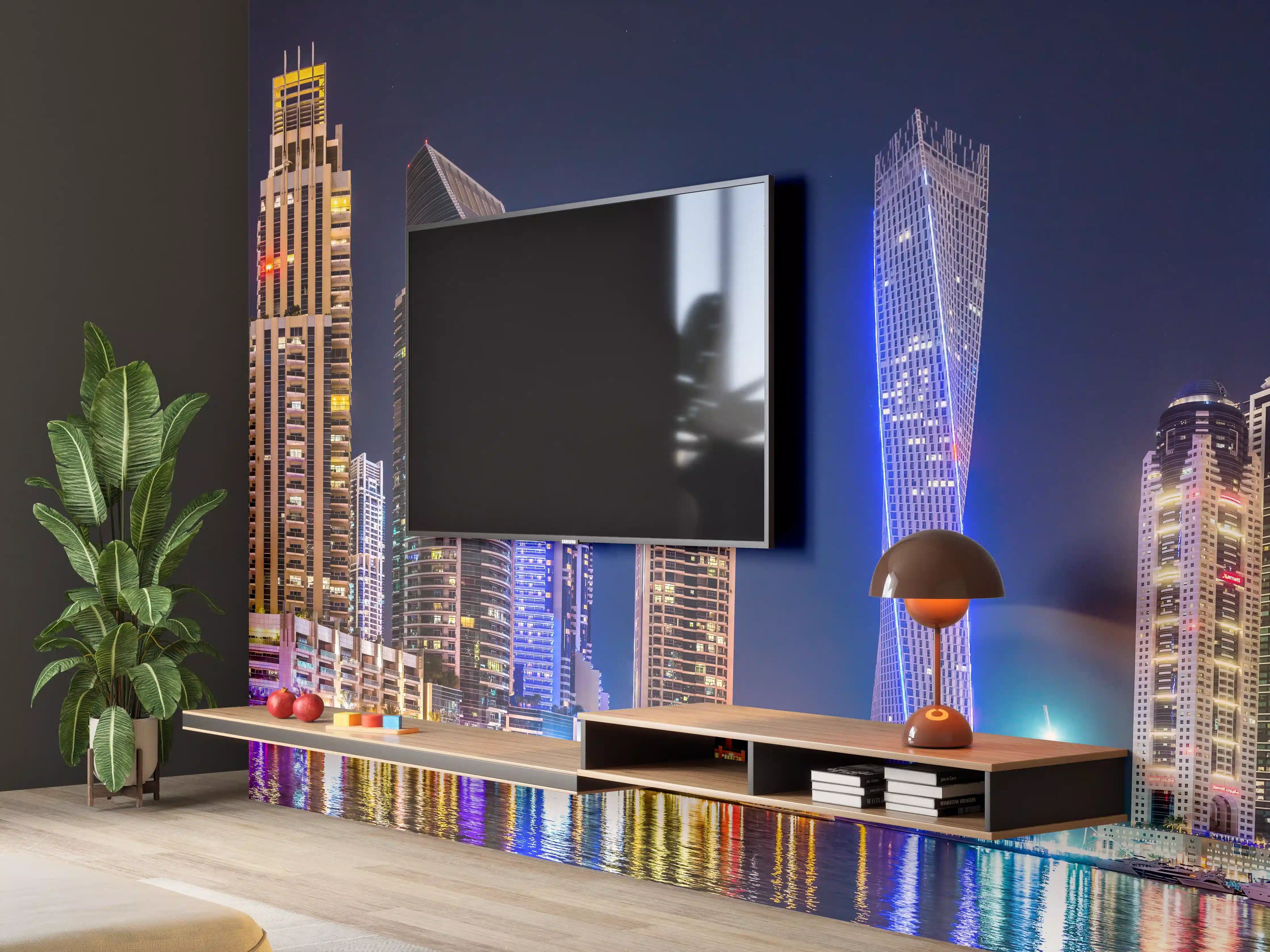 Wandverkleidung Wohnzimmer - Dubai Marina Skyline bei Nacht