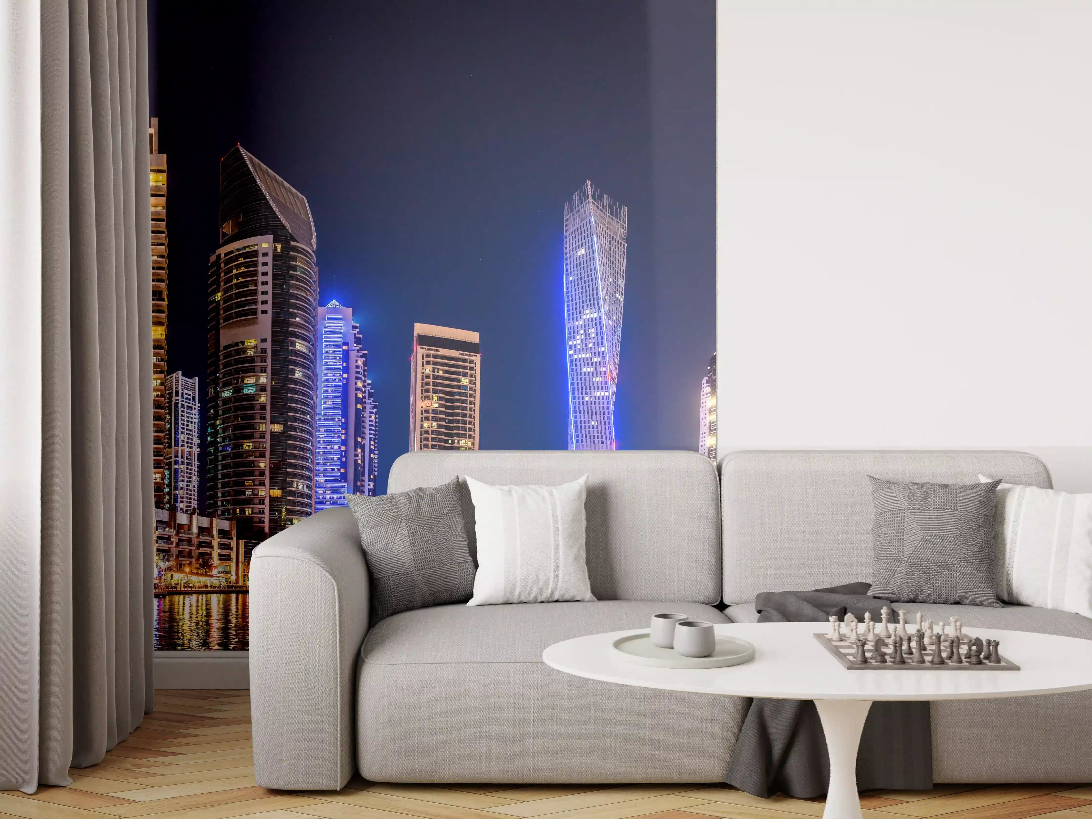 Wandverkleidung Wohnzimmer - Dubai Marina Skyline bei Nacht