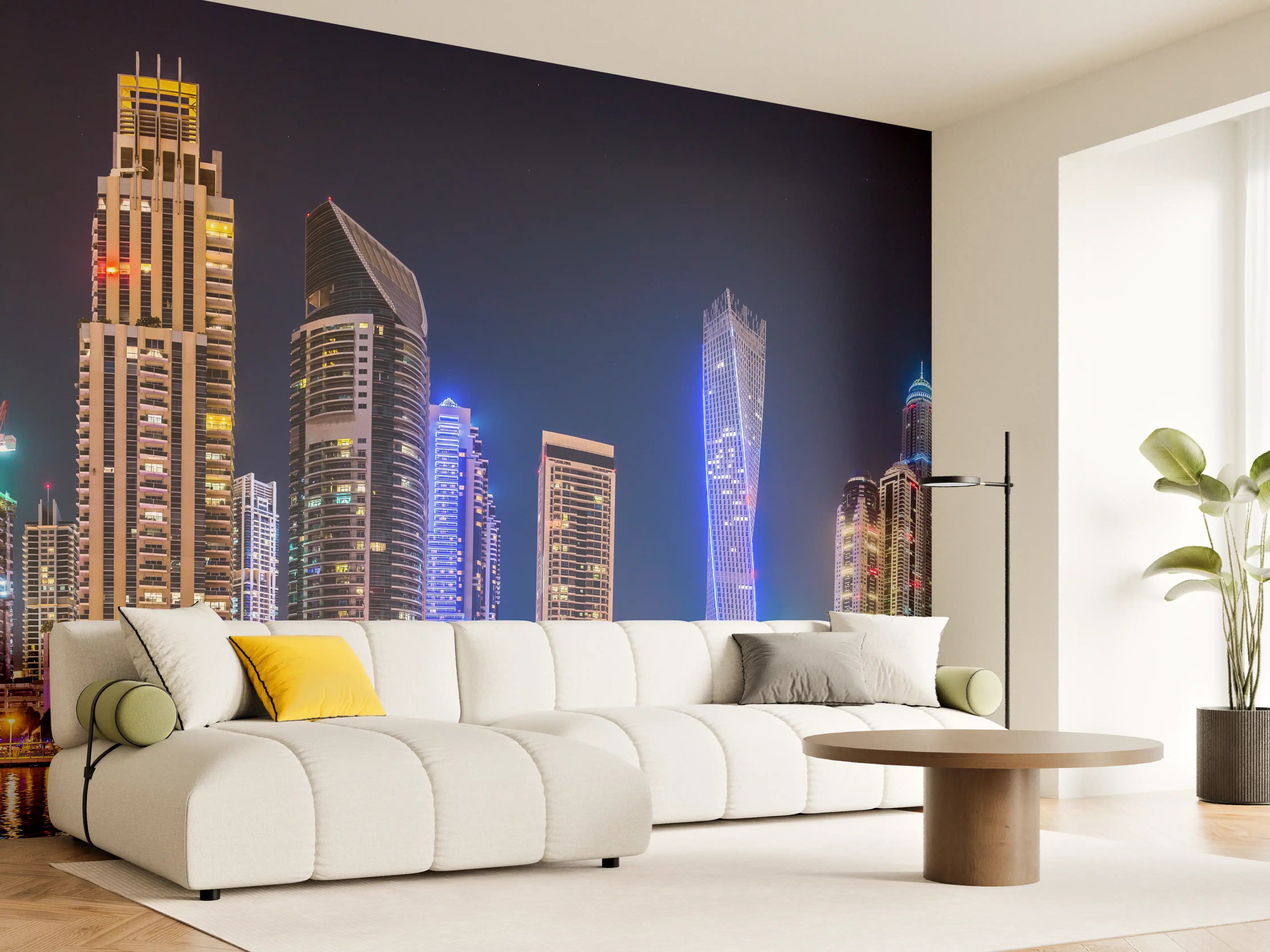 Wandverkleidung Wohnzimmer - Dubai Marina Skyline bei Nacht