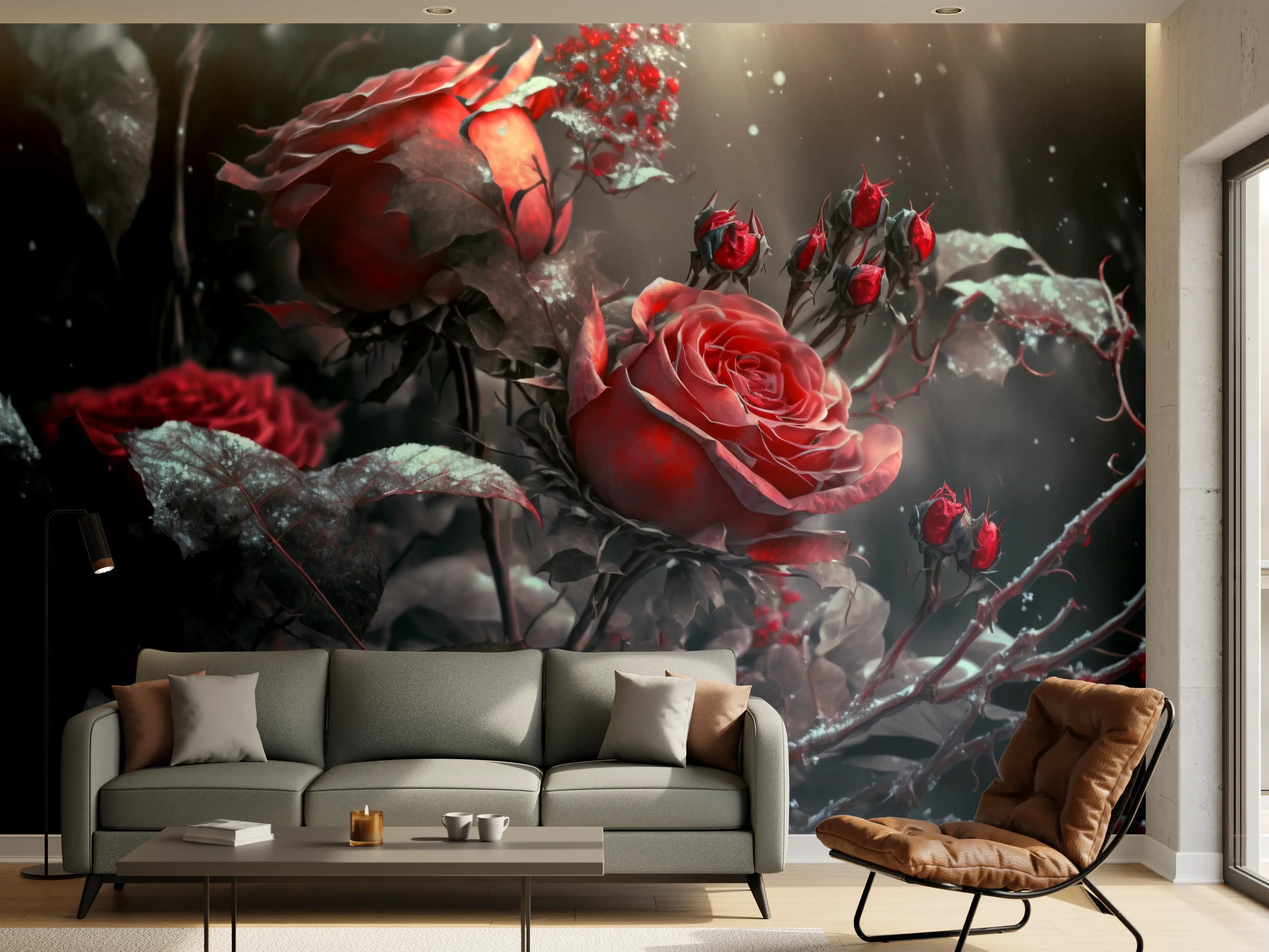 Wandverkleidung Wohnzimmer - Düstere Rose in dunkler Umgebung
