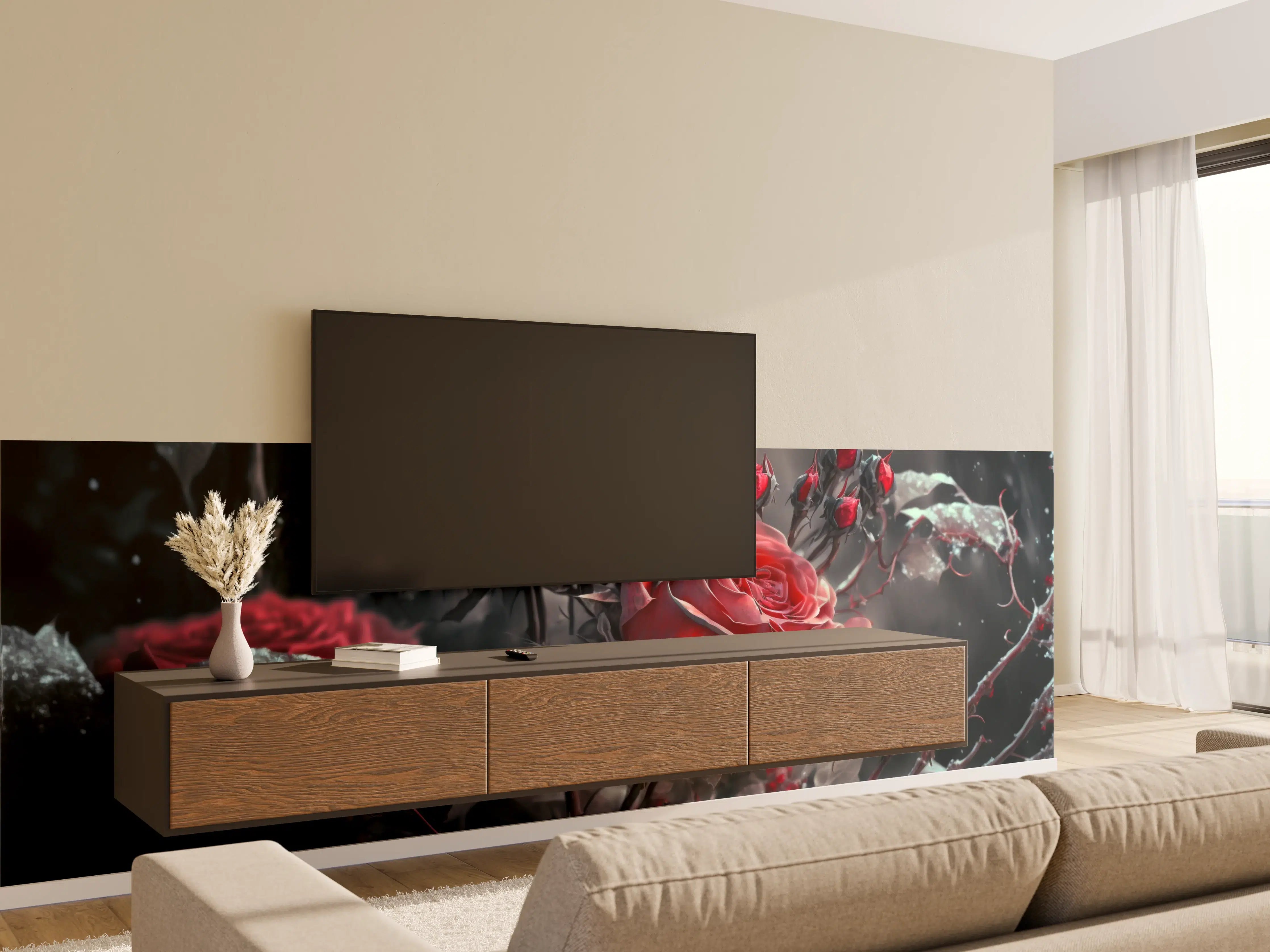 Wandverkleidung Wohnzimmer - Düstere Rose in dunkler Umgebung