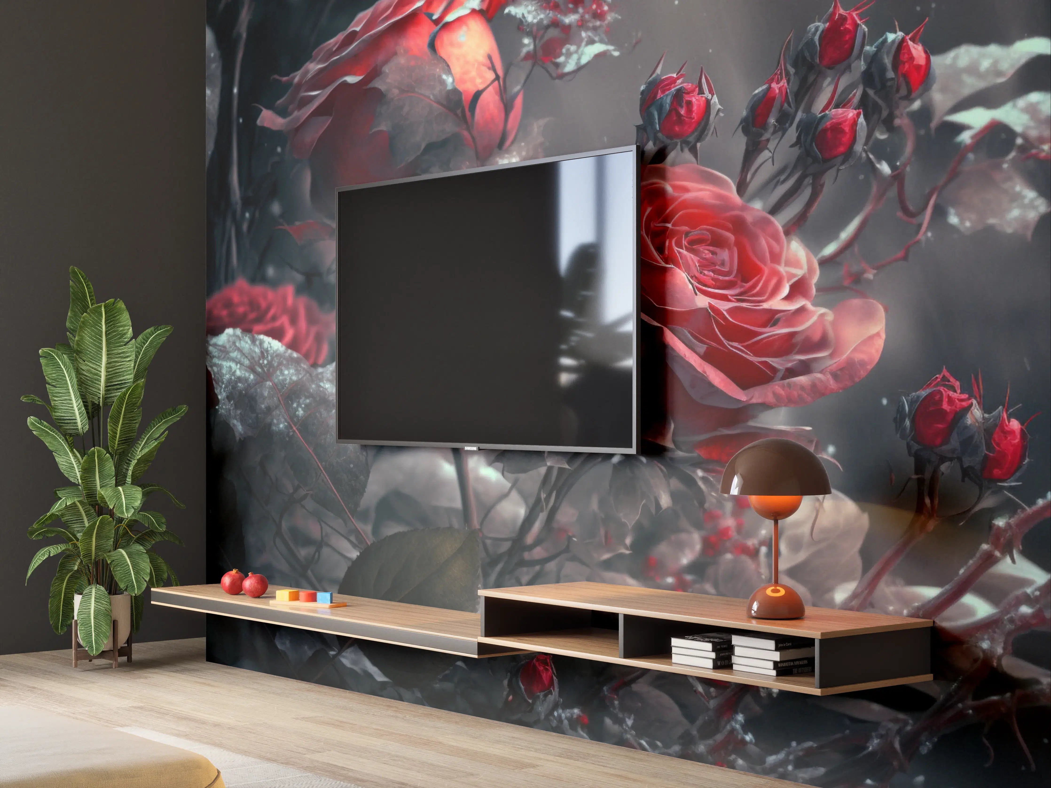 Wandverkleidung Wohnzimmer - Düstere Rose in dunkler Umgebung