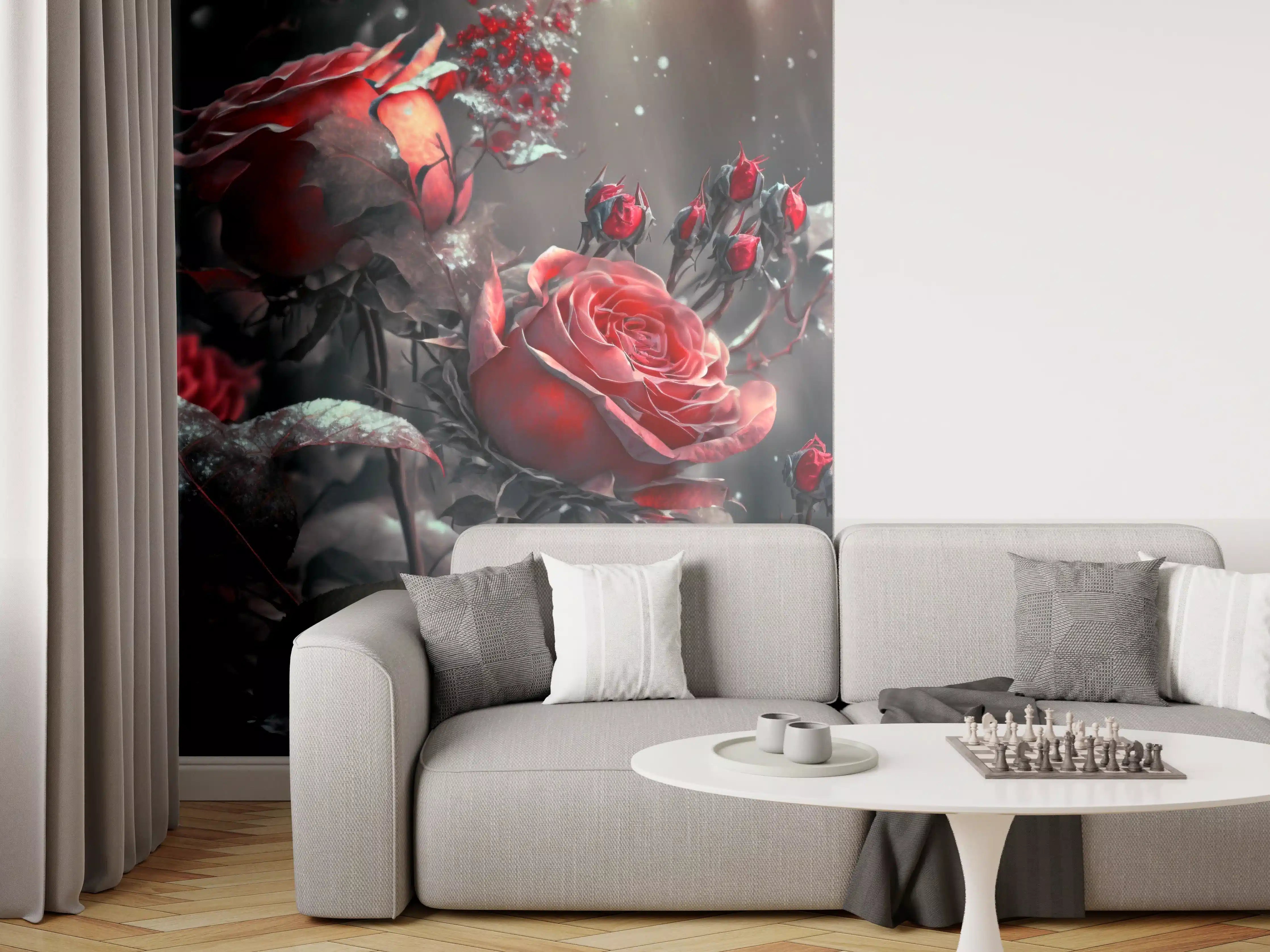 Wandverkleidung Wohnzimmer - Düstere Rose in dunkler Umgebung