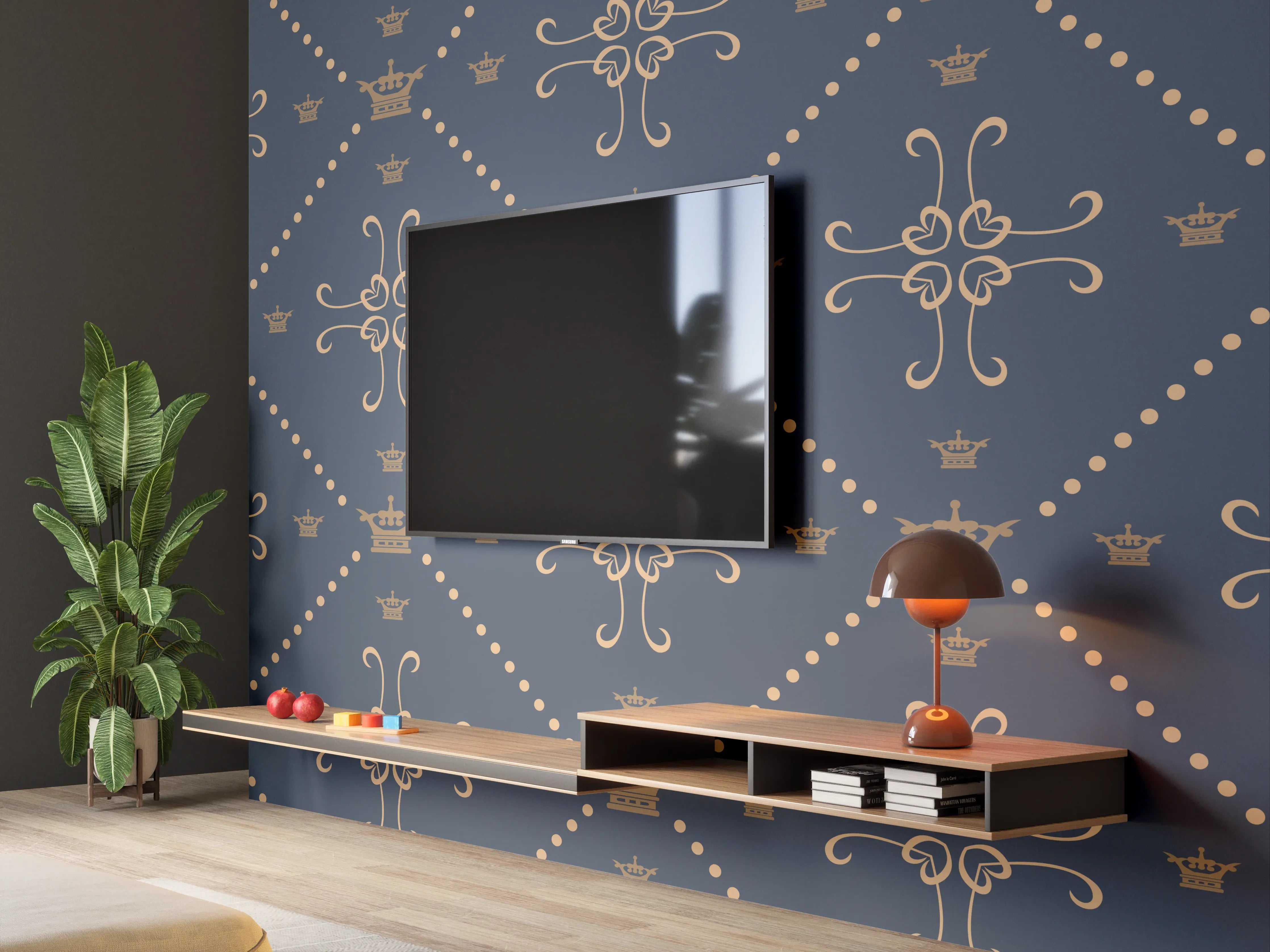 Wandverkleidung Wohnzimmer - Dunkelblau Ornament Tapetenmuster