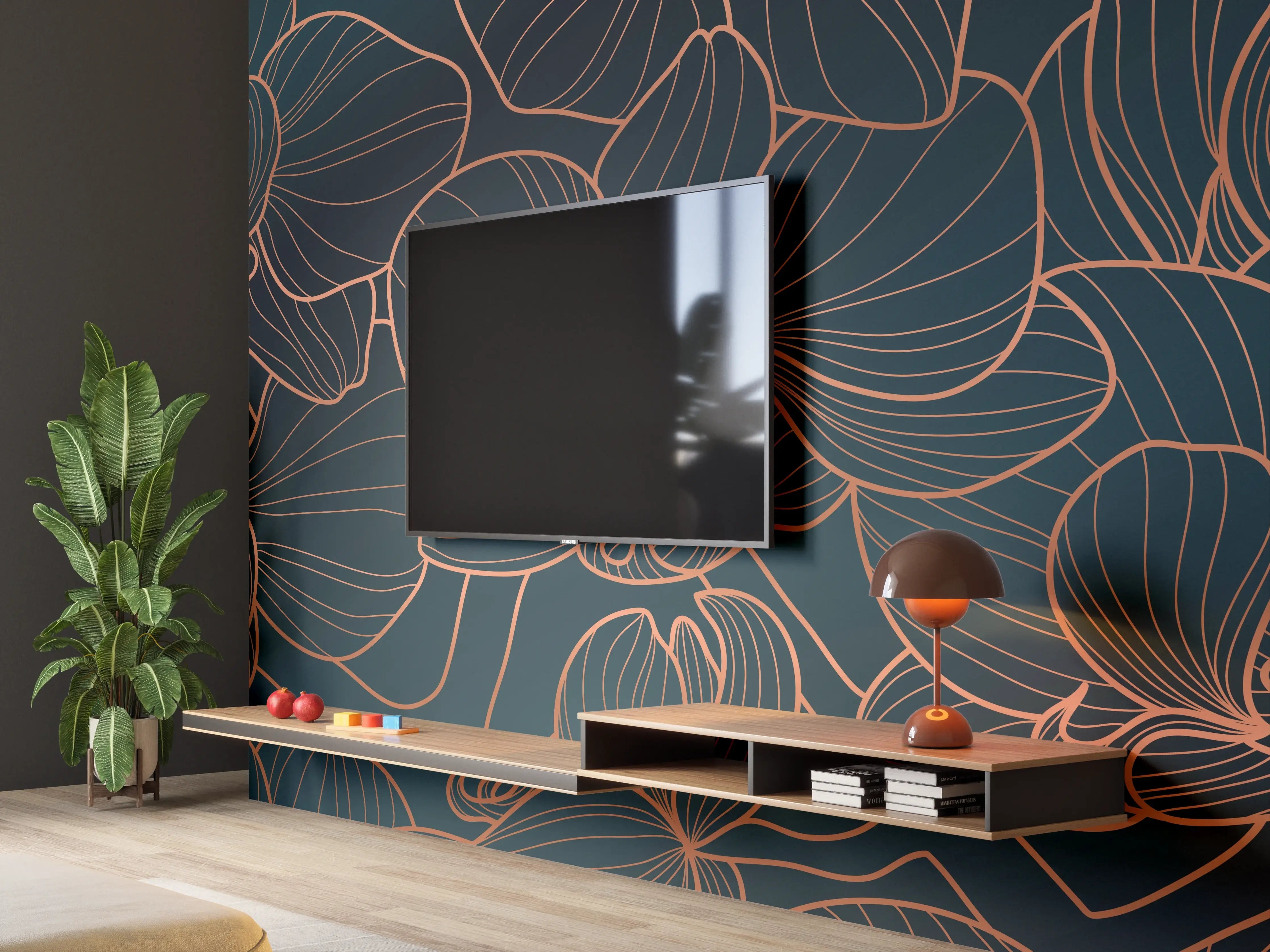 Wandverkleidung Wohnzimmer - Dunkelblaue Floral Linien Kunst