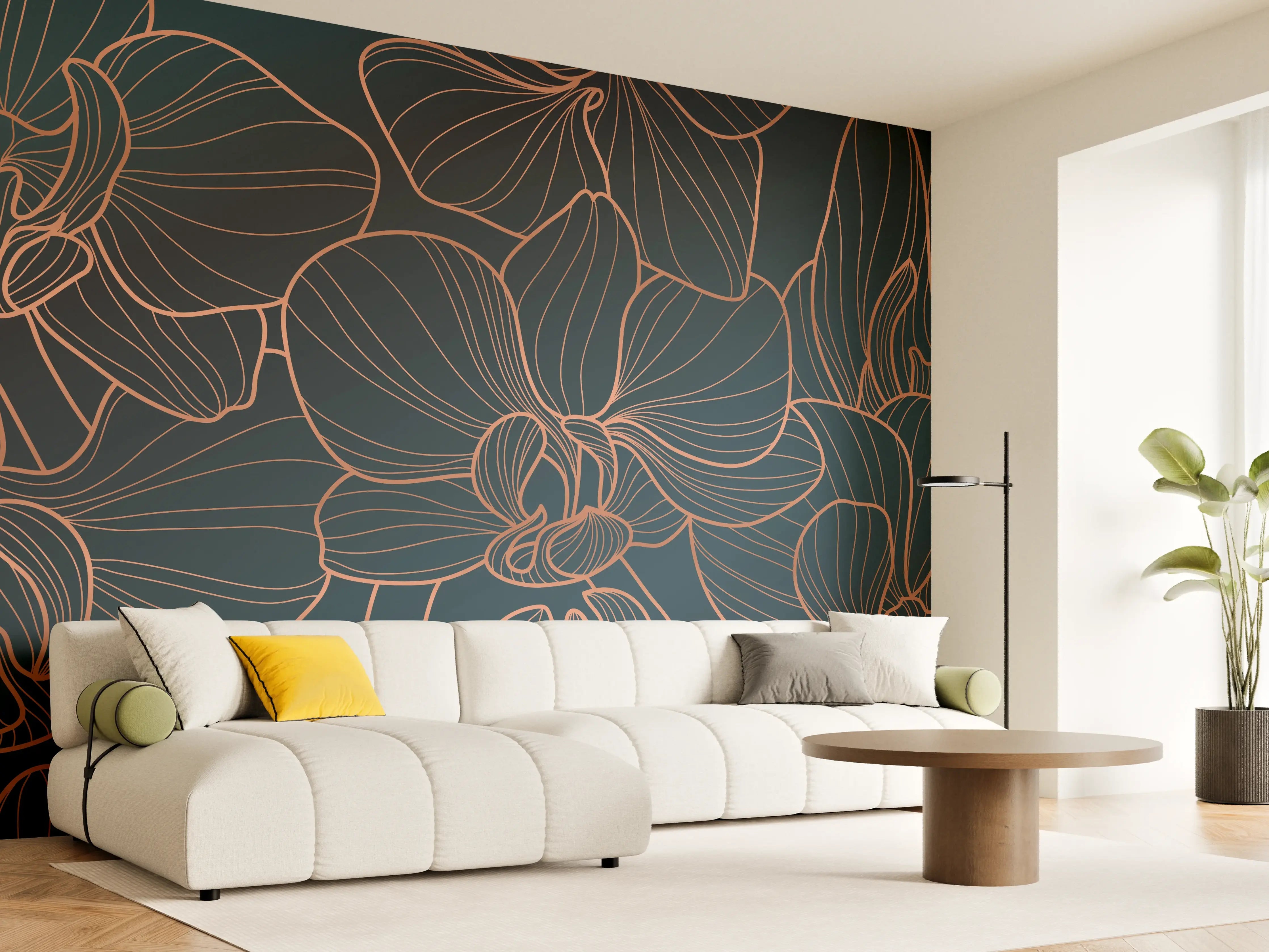 Wandverkleidung Wohnzimmer - Dunkelblaue Floral Linien Kunst