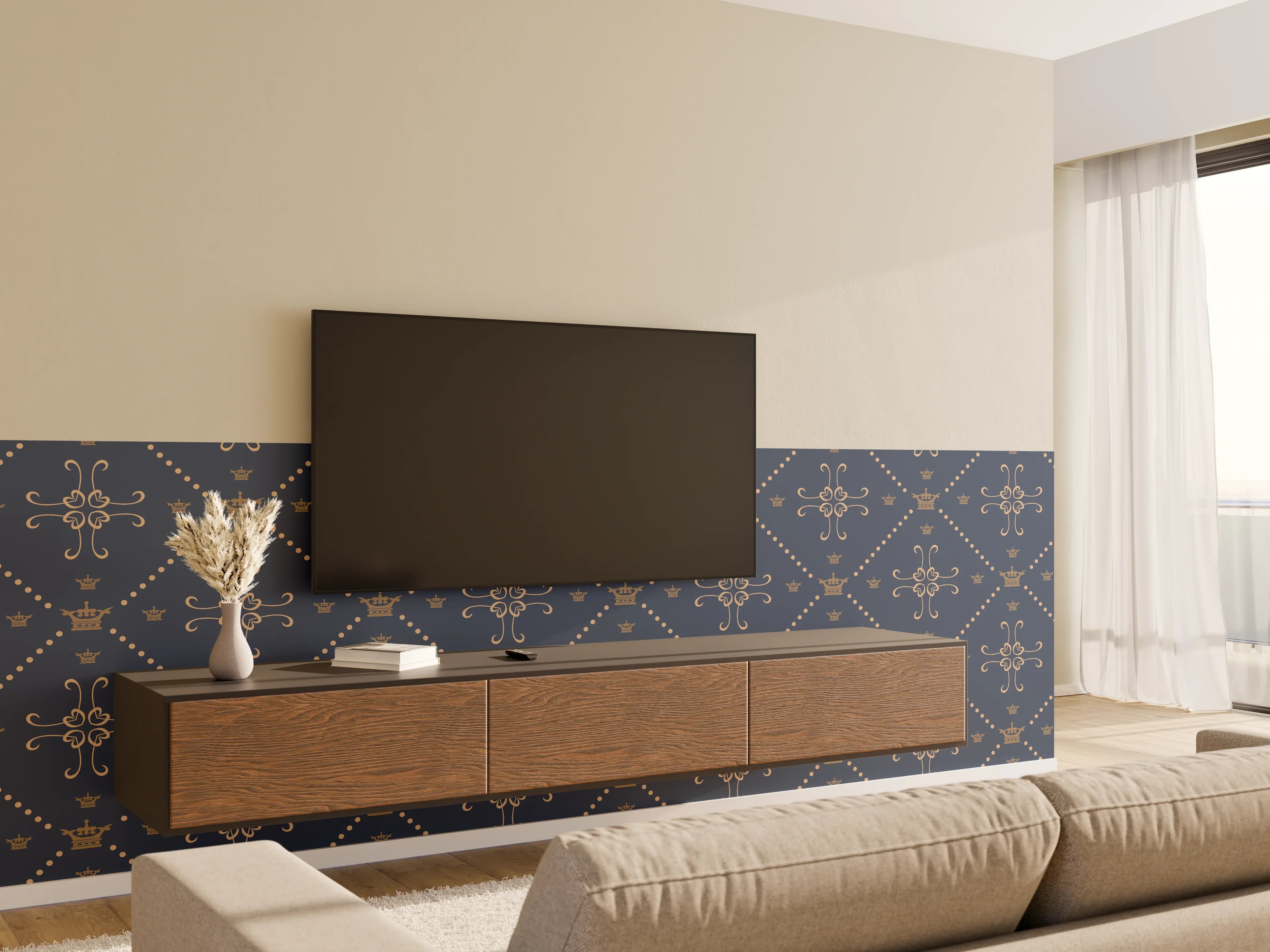 Wandverkleidung Wohnzimmer - Dunkelblaues Musterdesign mit stilvollen Motiven