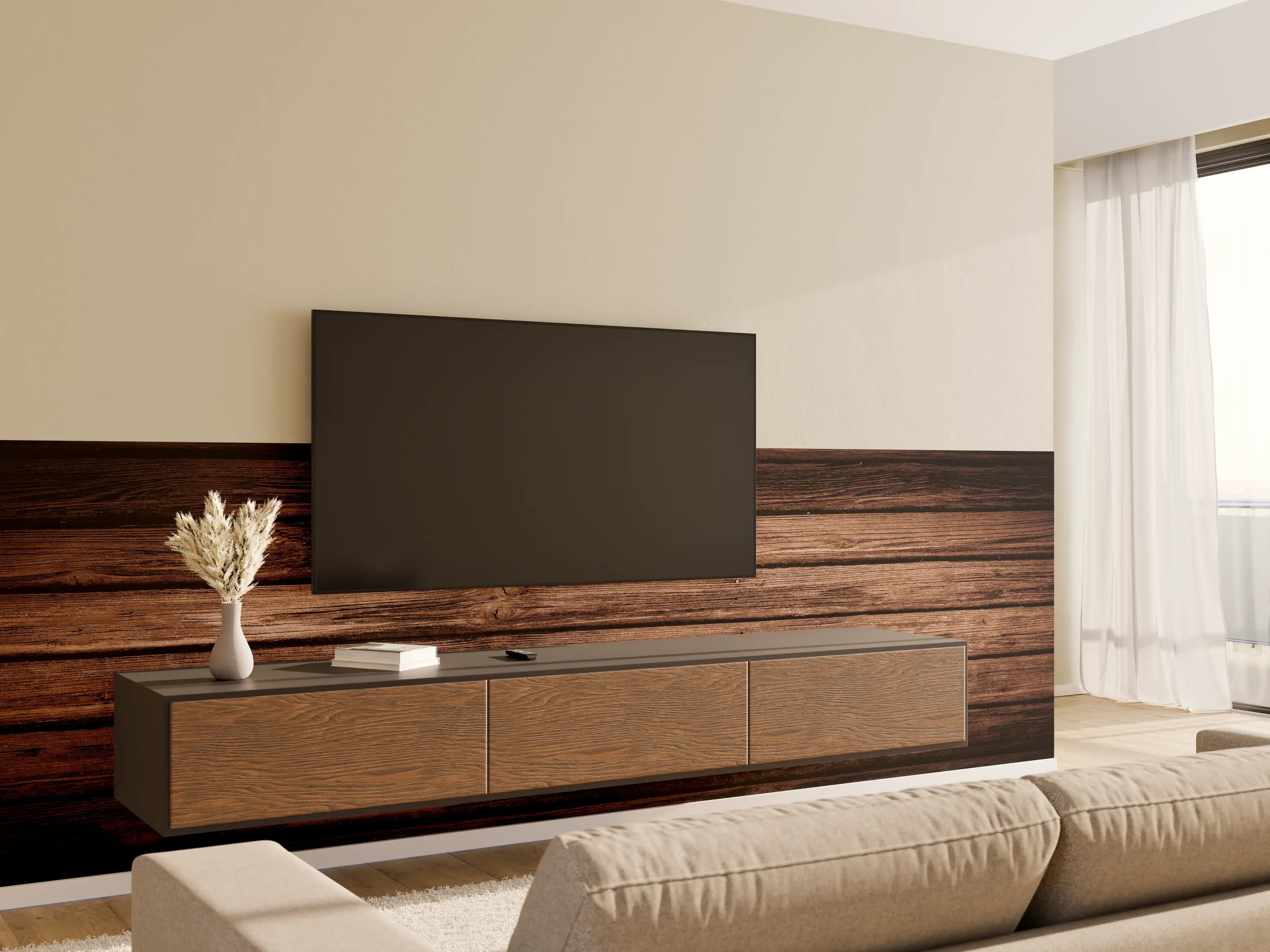 Wandverkleidung Wohnzimmer - Dunkelbraun-rustikale Holzplanken