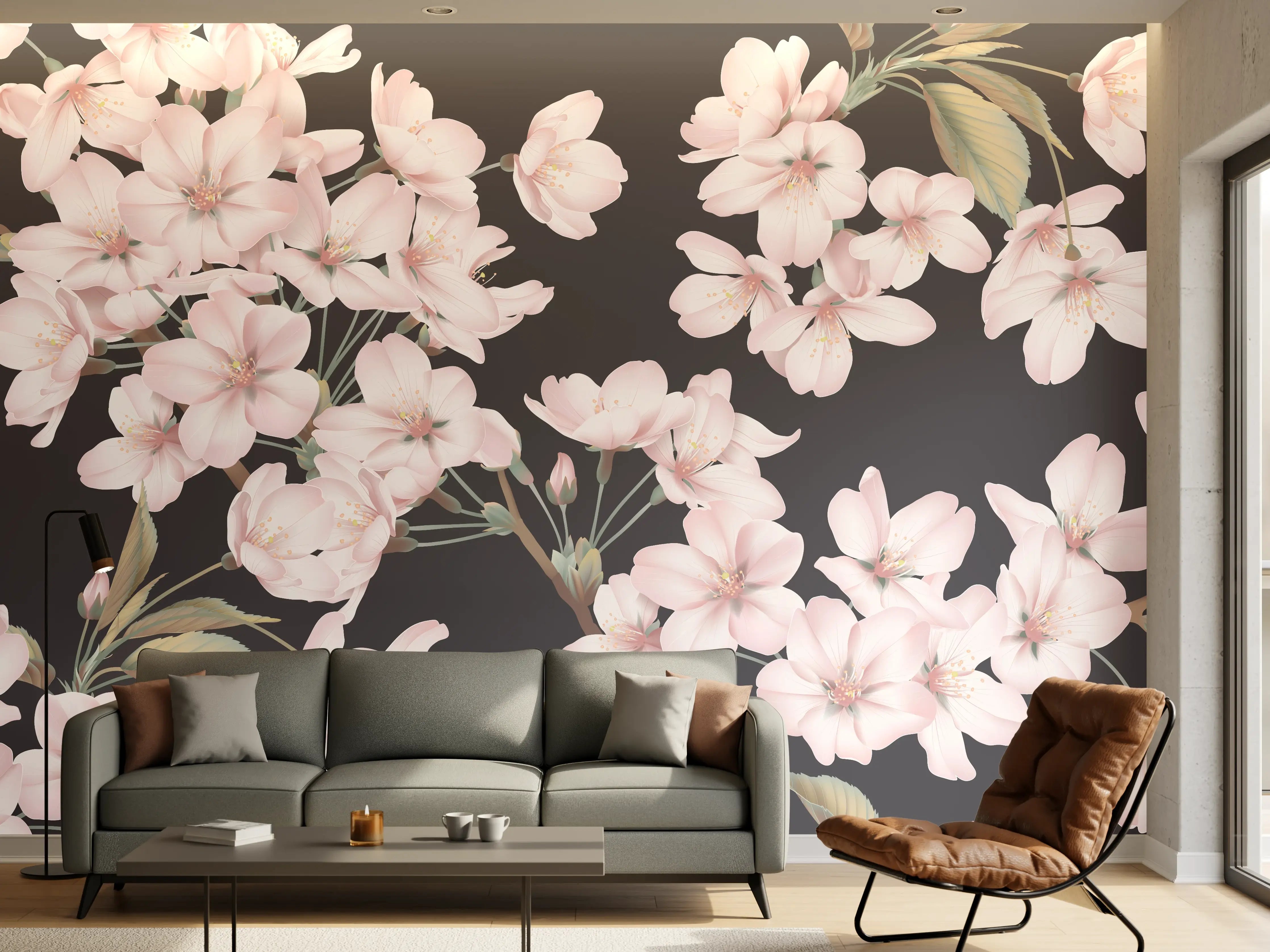 Wandverkleidung Wohnzimmer - Dunkelgrau-Sakura-Musterdesign
