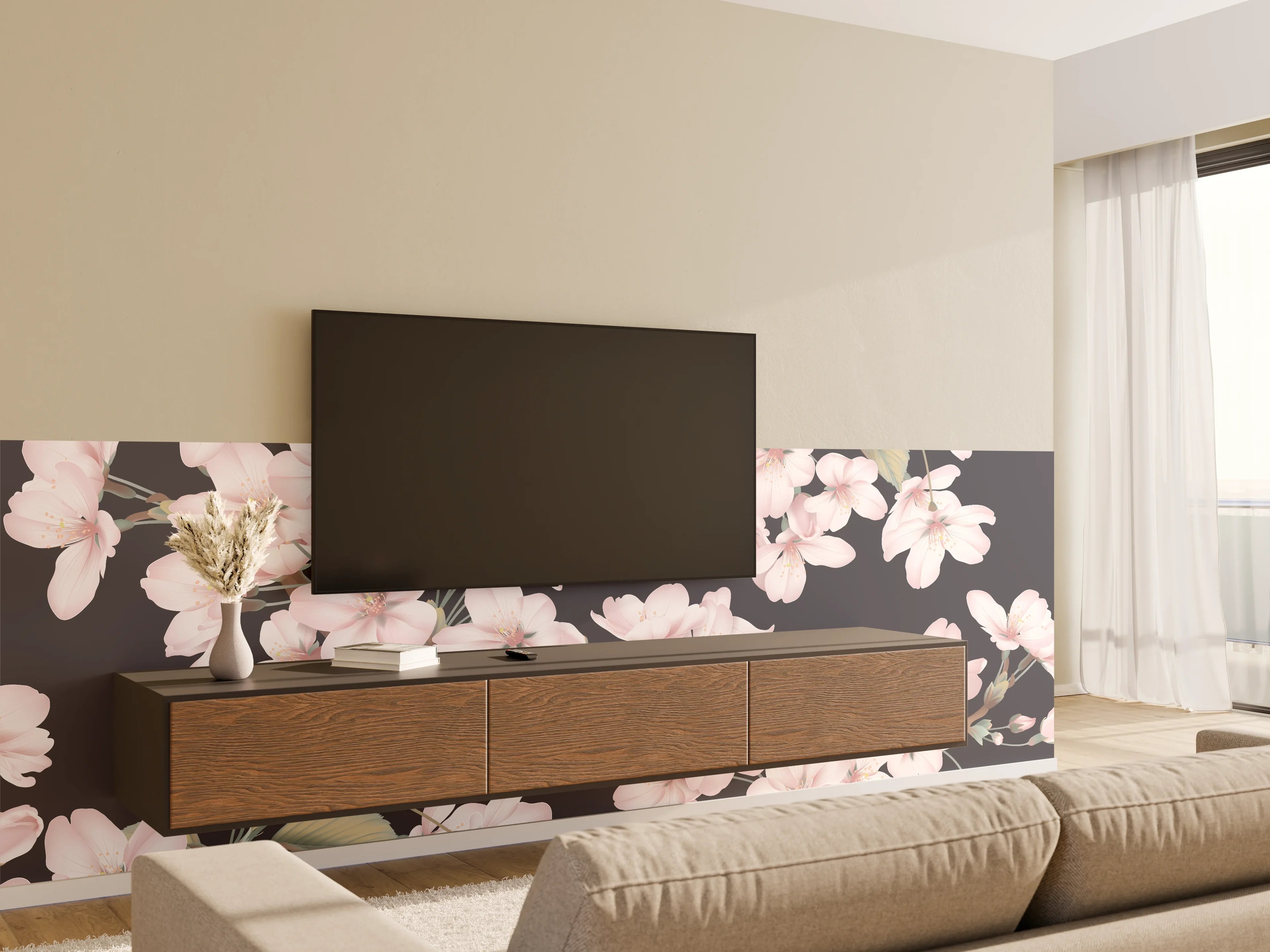 Wandverkleidung Wohnzimmer - Dunkelgrau-Sakura-Musterdesign