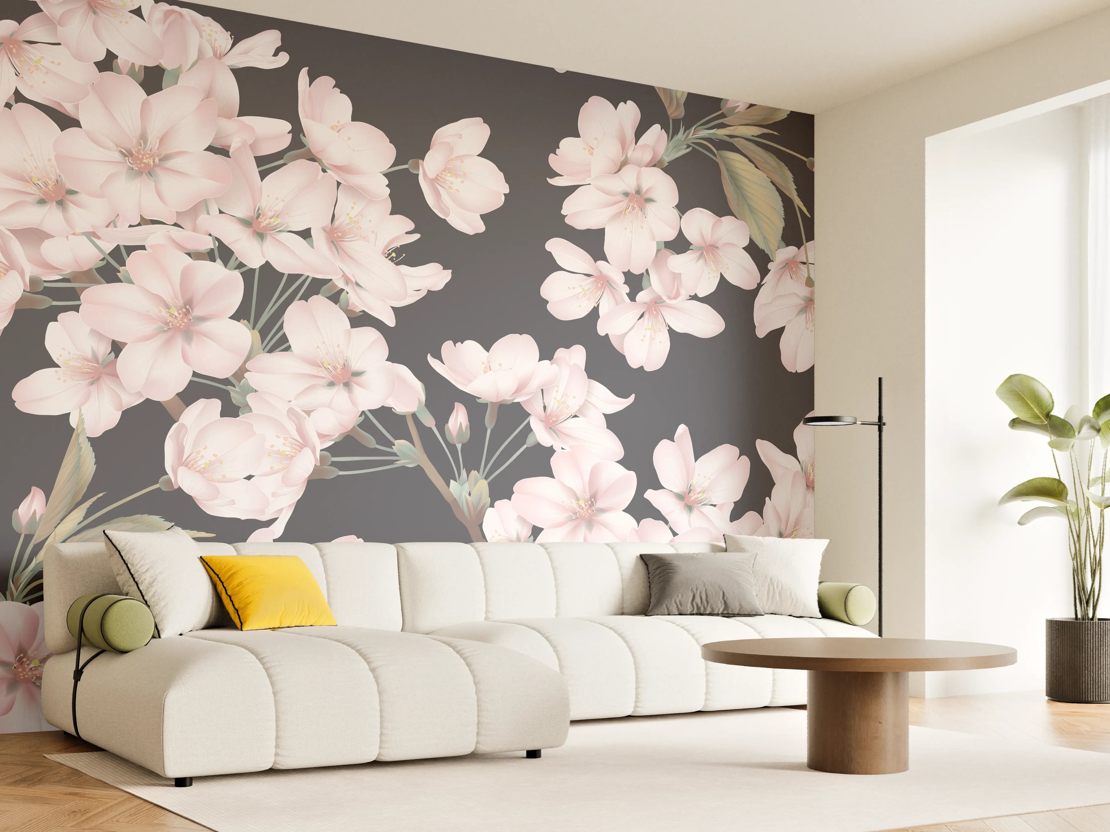 Wandverkleidung Wohnzimmer - Dunkelgrau-Sakura-Musterdesign