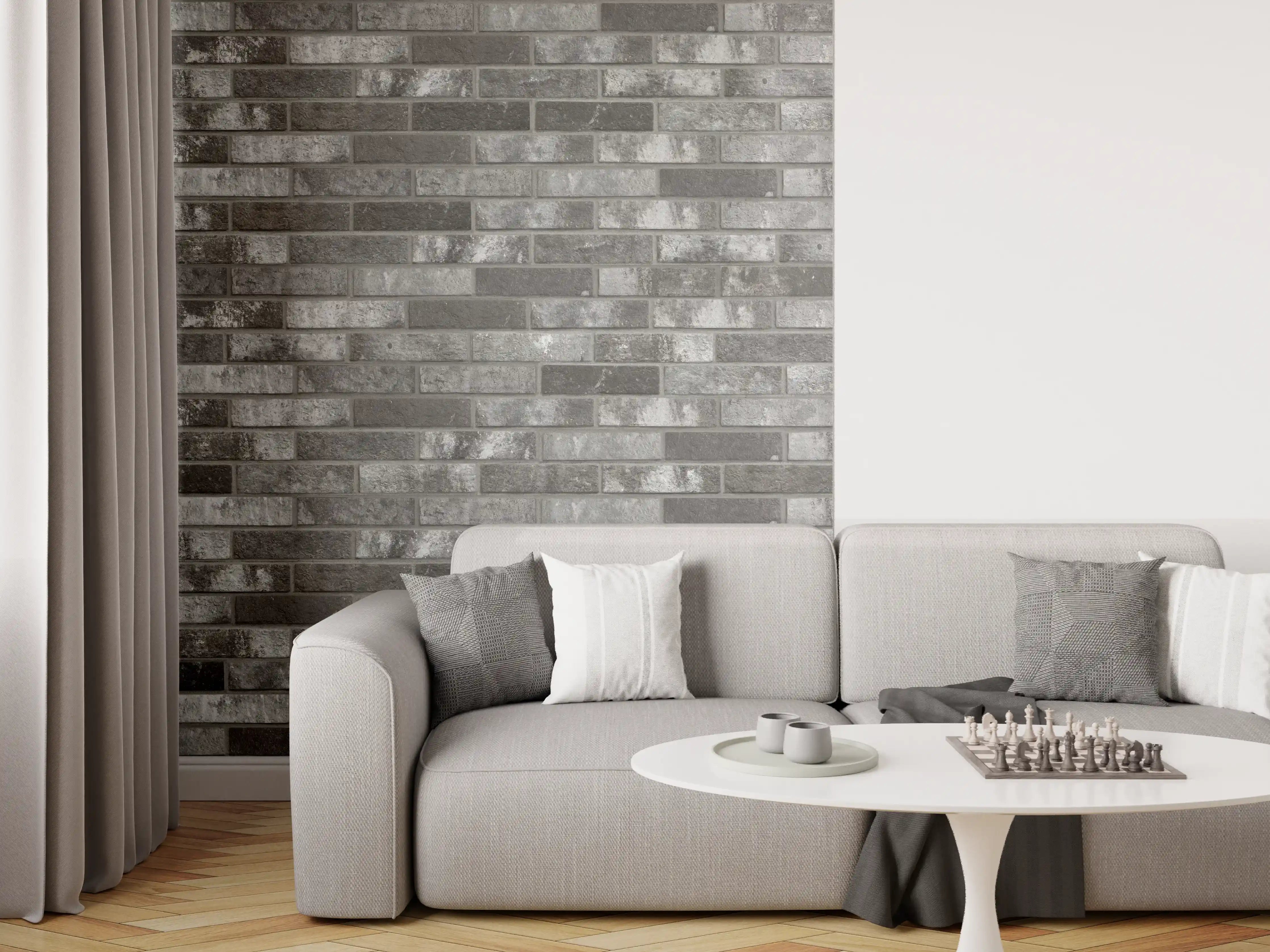 Wandverkleidung Wohnzimmer - Dunkelgraue Backsteinmauer