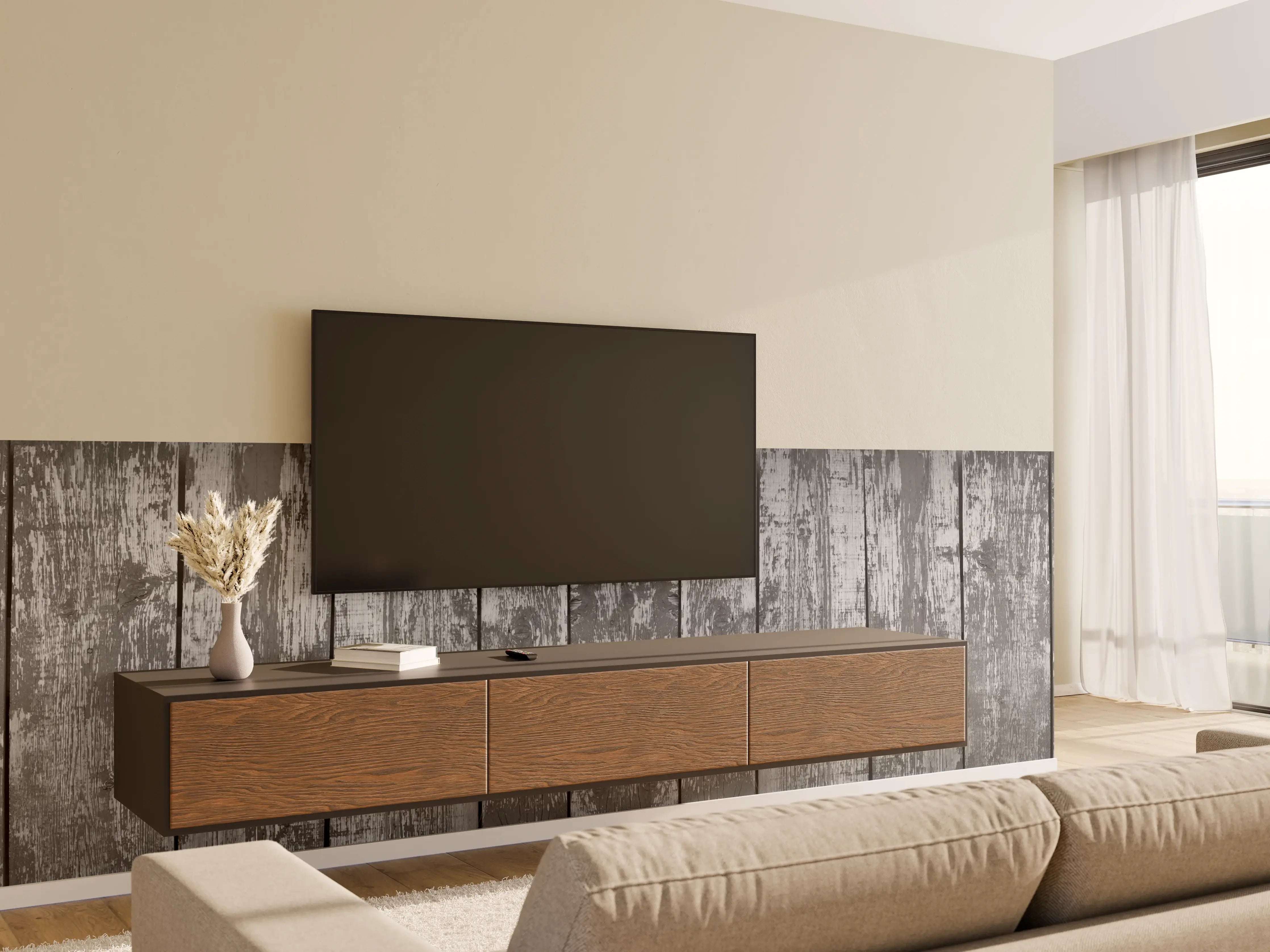 Wandverkleidung Wohnzimmer - Dunkelgrauer Holzhintergrund