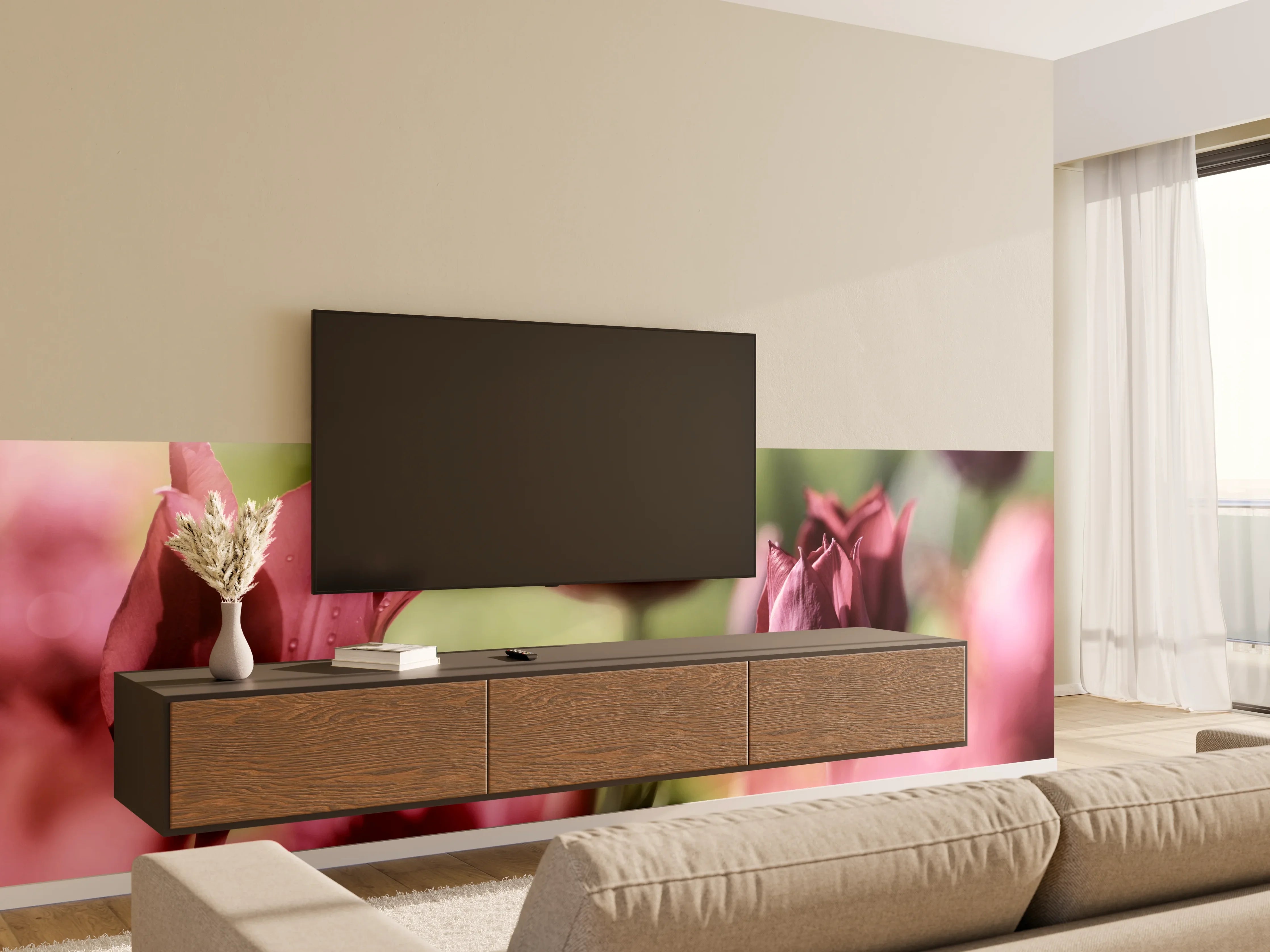 Wandverkleidung Wohnzimmer - Dunkelrosa Tulpen