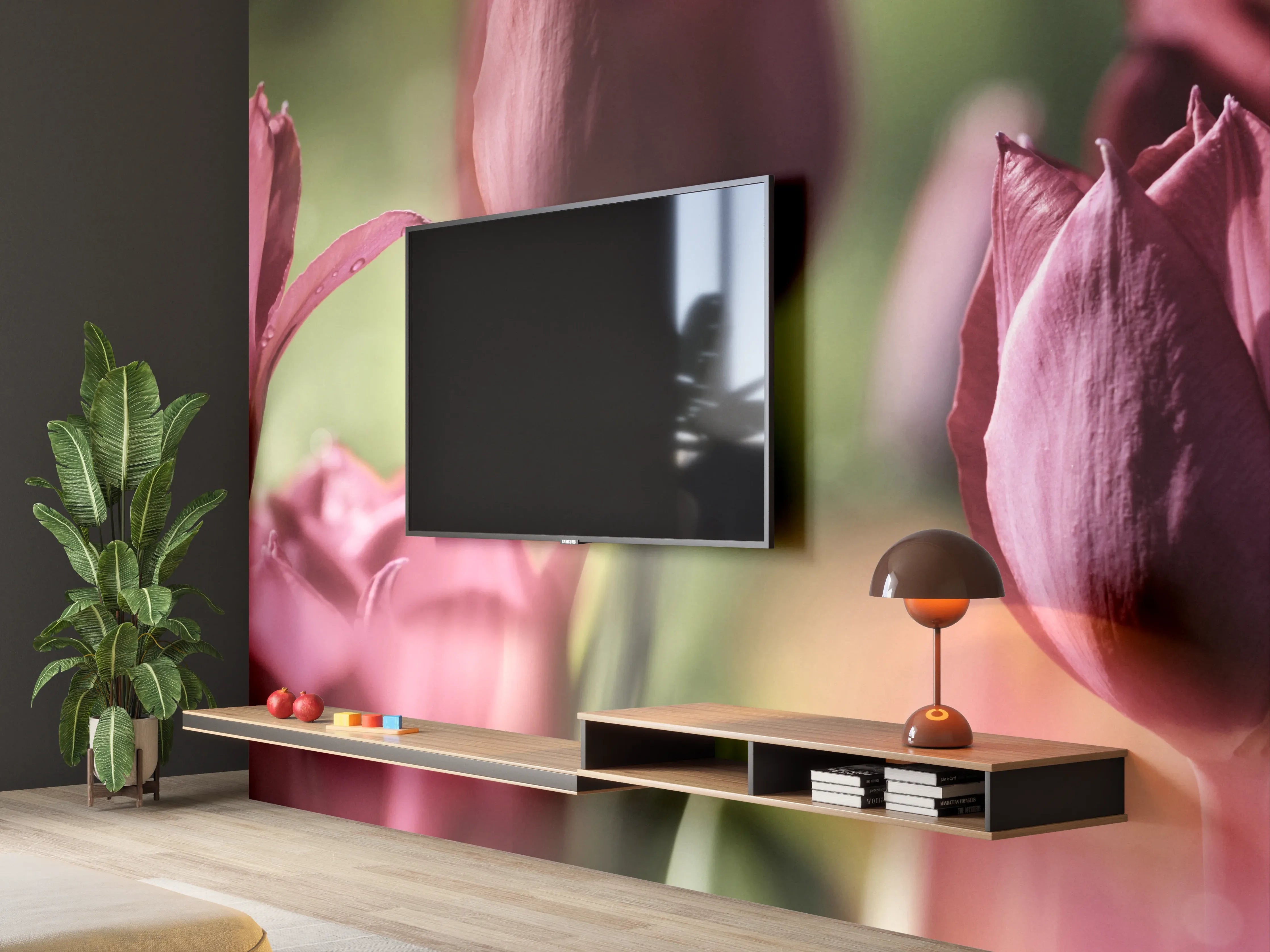 Wandverkleidung Wohnzimmer - Dunkelrosa Tulpen