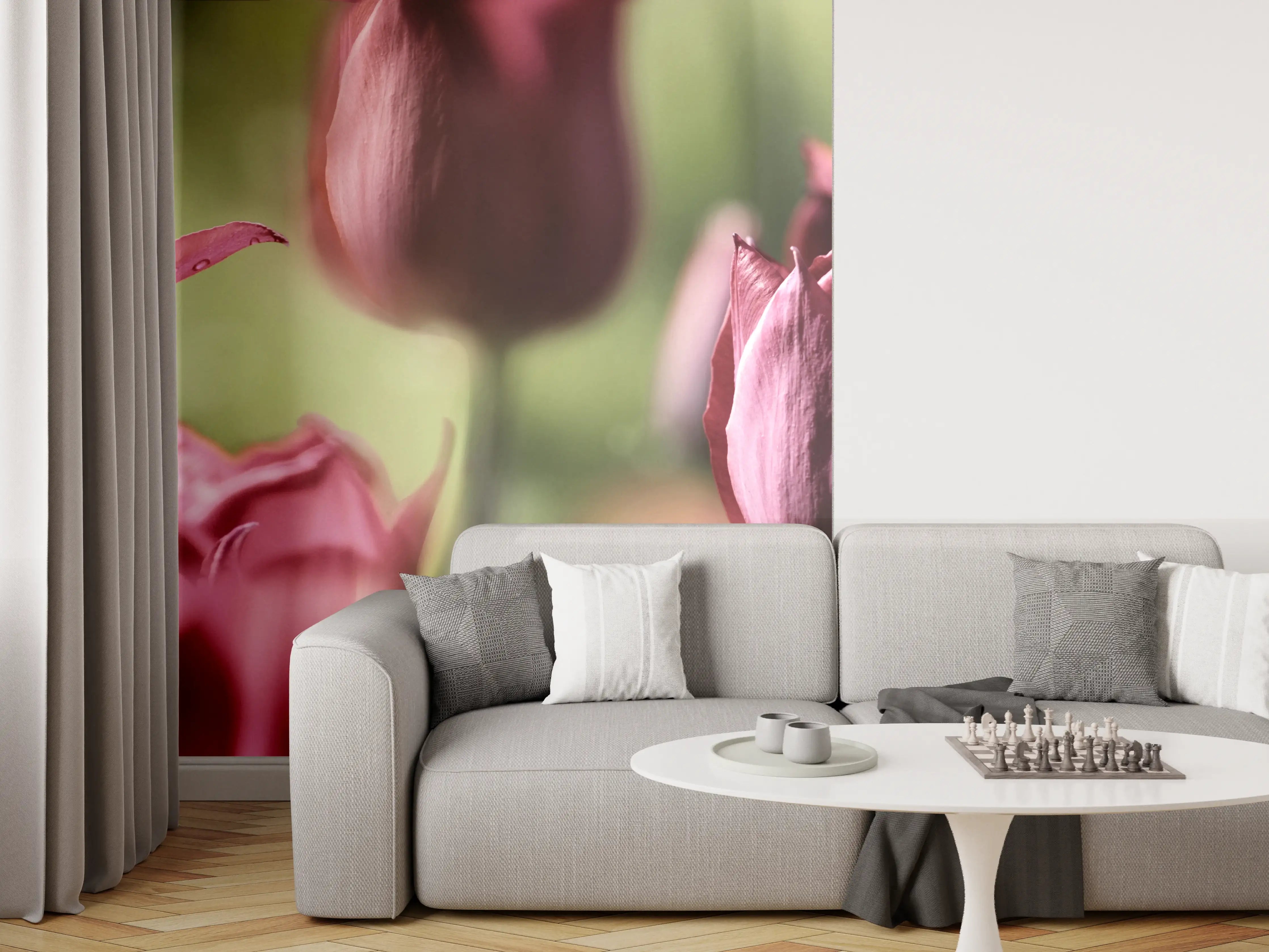 Wandverkleidung Wohnzimmer - Dunkelrosa Tulpen