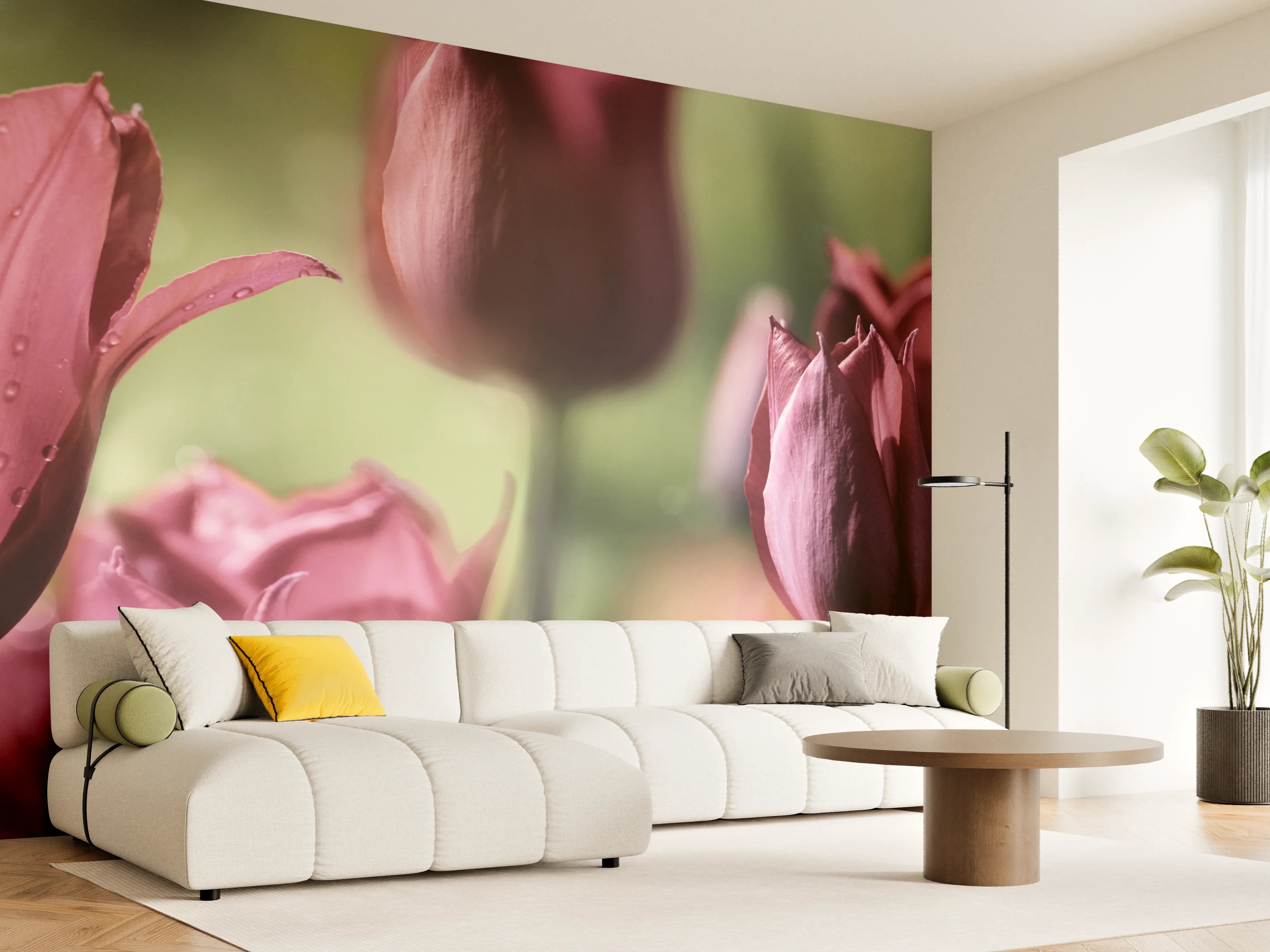 Wandverkleidung Wohnzimmer - Dunkelrosa Tulpen