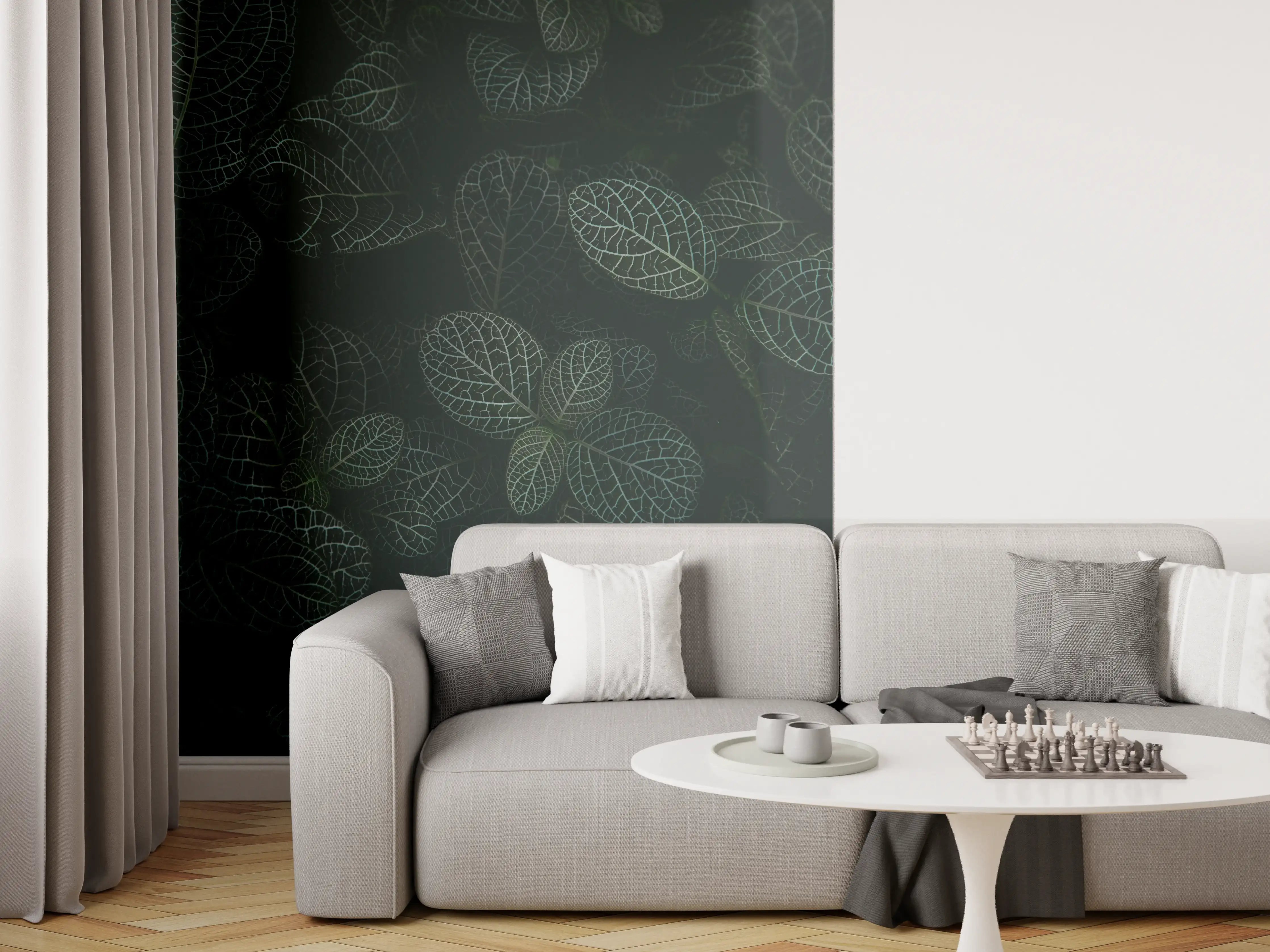 Wandverkleidung Wohnzimmer - Dunkle Blätter im Schatten
