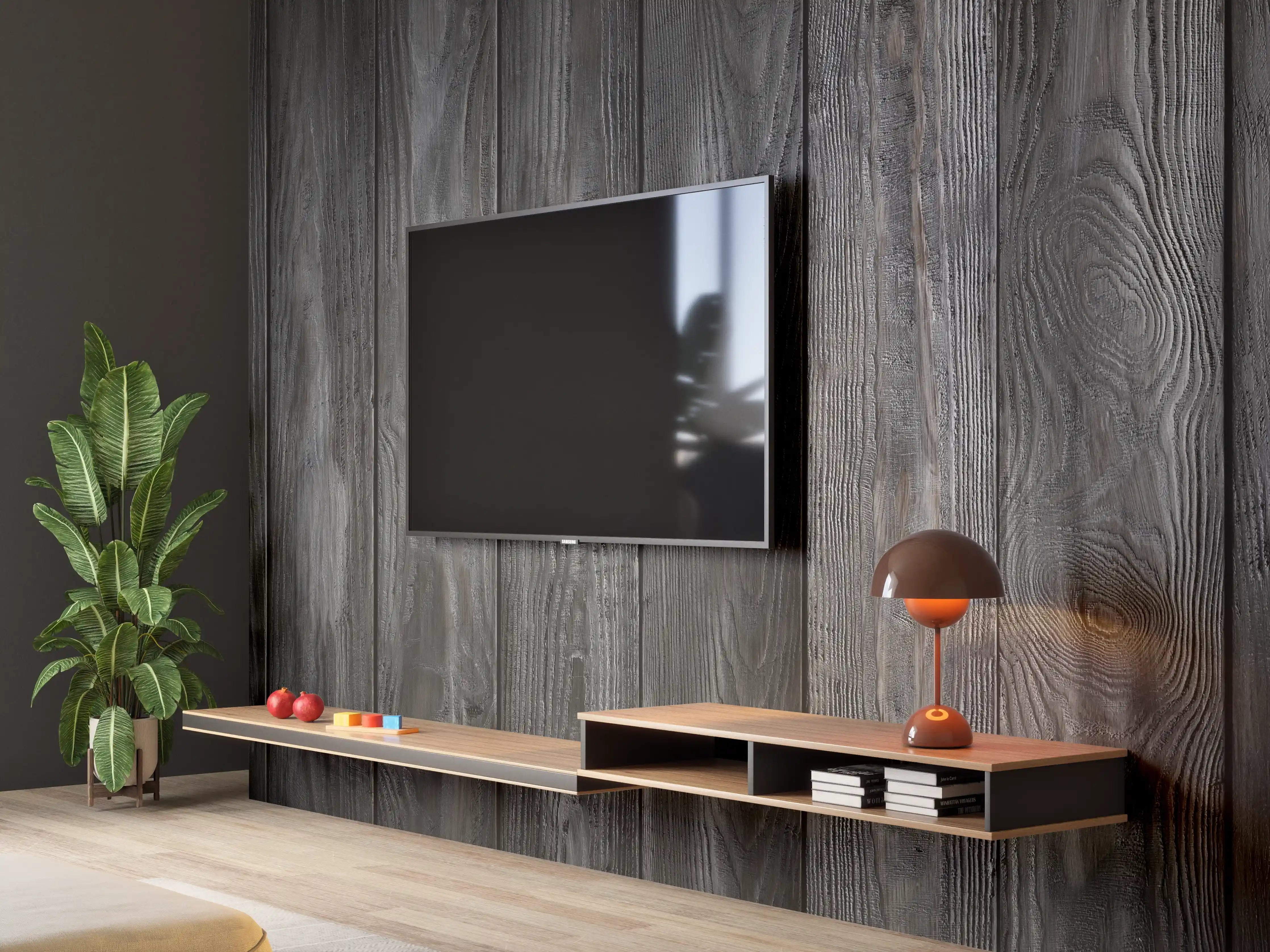 Wandverkleidung Wohnzimmer - Dunkle Holzlamellen Wandgestaltung