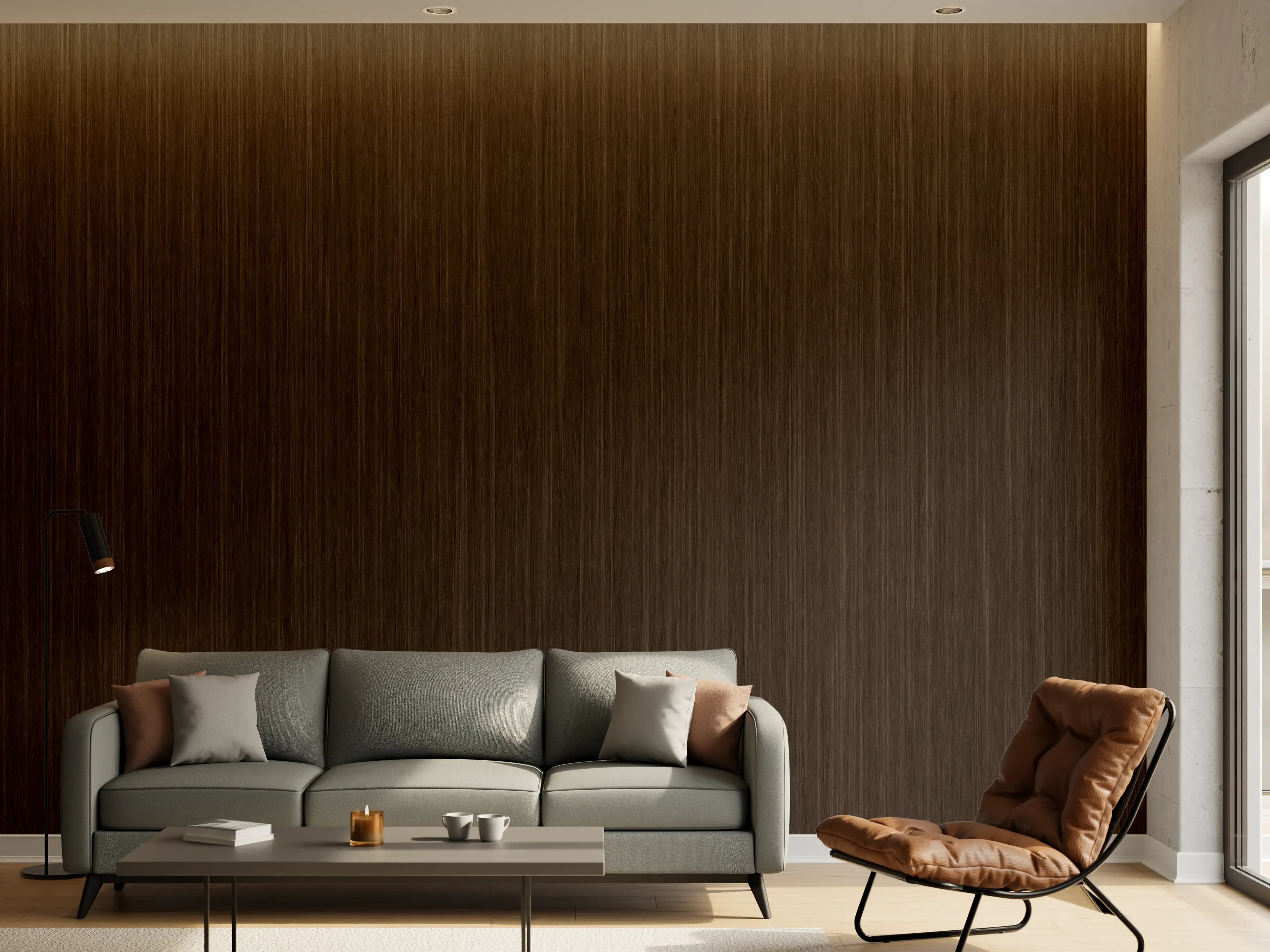 Wandverkleidung Wohnzimmer - Dunkle Holzmaserung als eleganter Bodenbelag