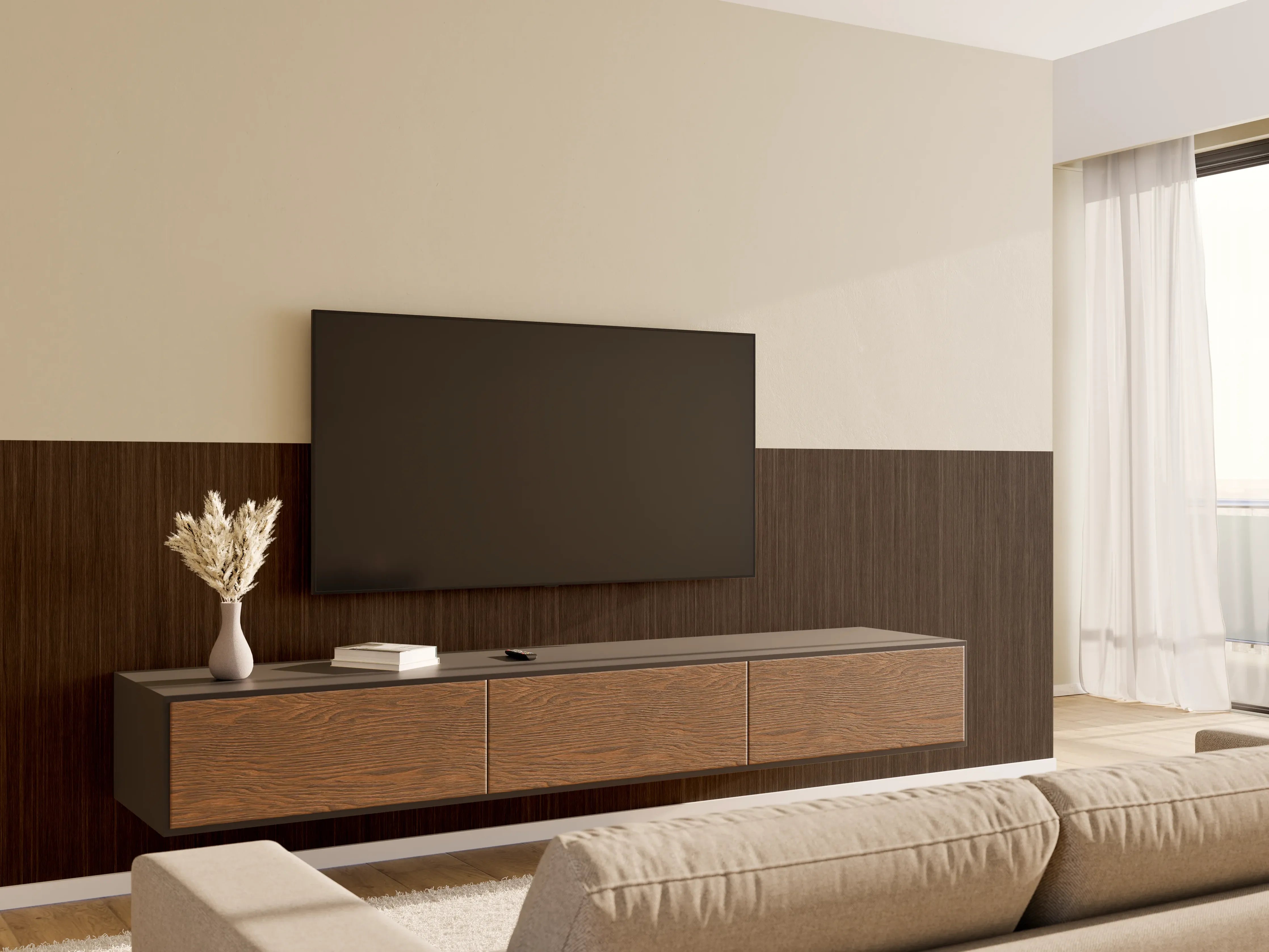 Wandverkleidung Wohnzimmer - Dunkle Holzmaserung als eleganter Bodenbelag