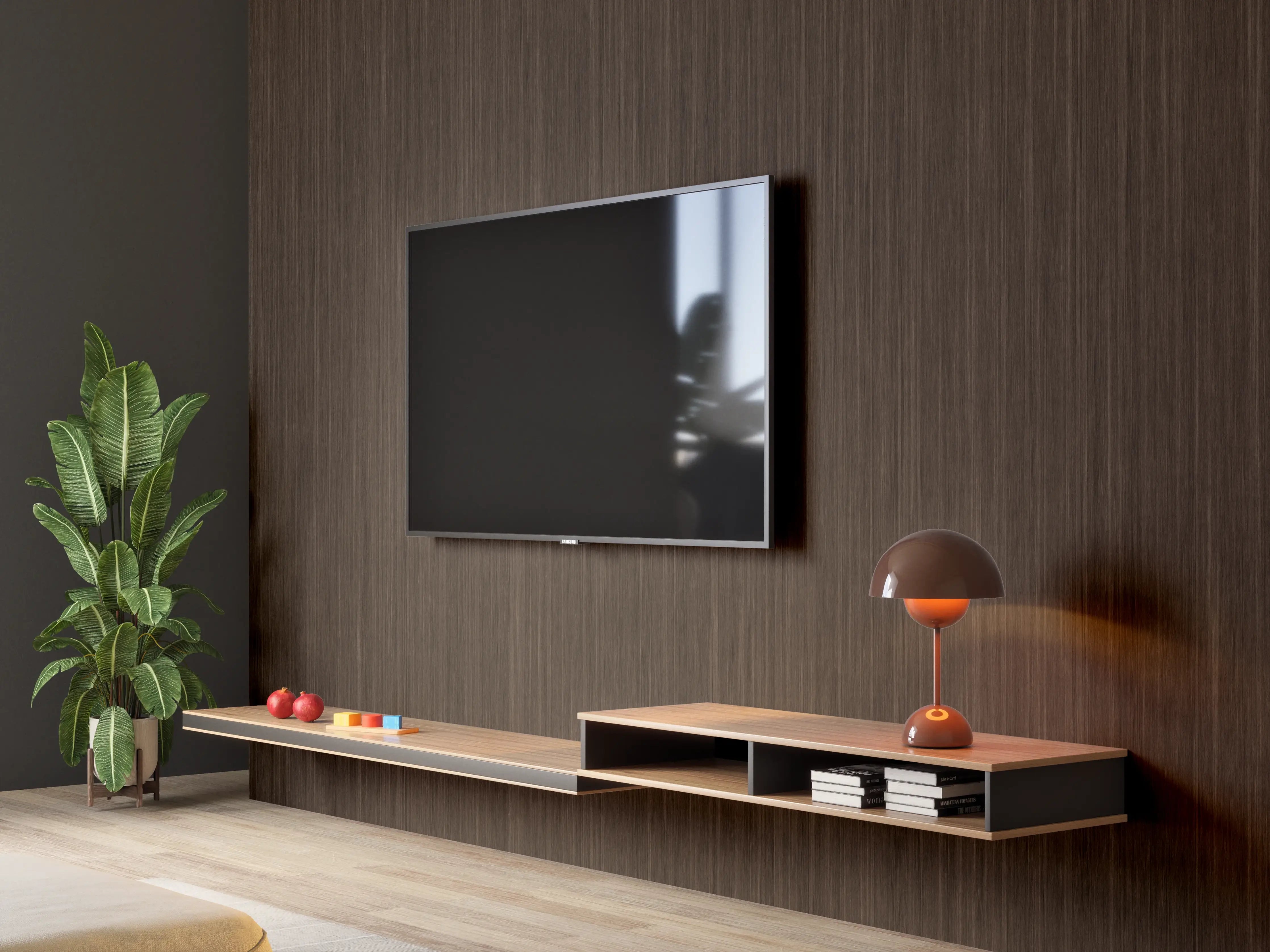 Wandverkleidung Wohnzimmer - Dunkle Holzmaserung als eleganter Bodenbelag
