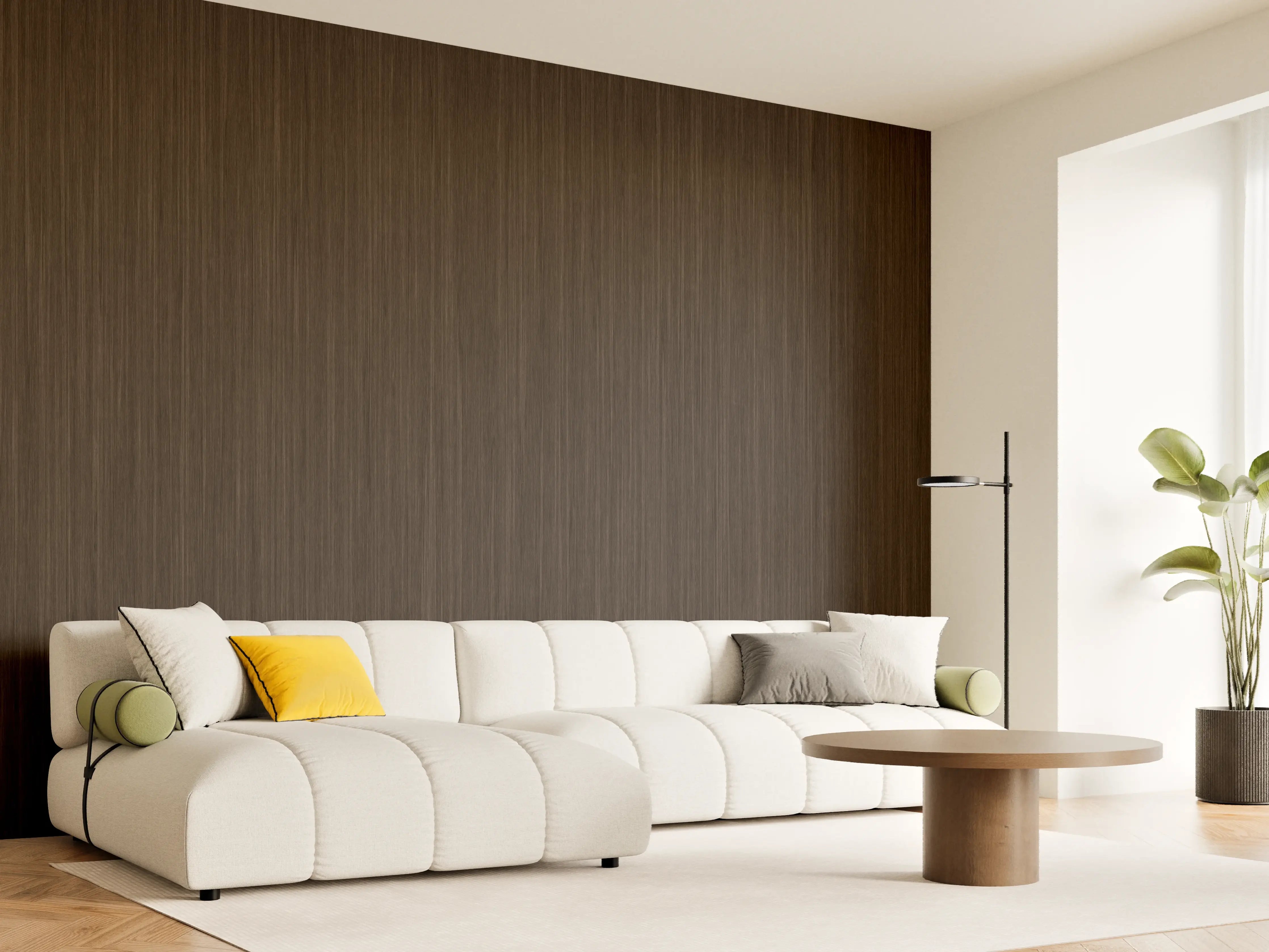 Wandverkleidung Wohnzimmer - Dunkle Holzmaserung als eleganter Bodenbelag