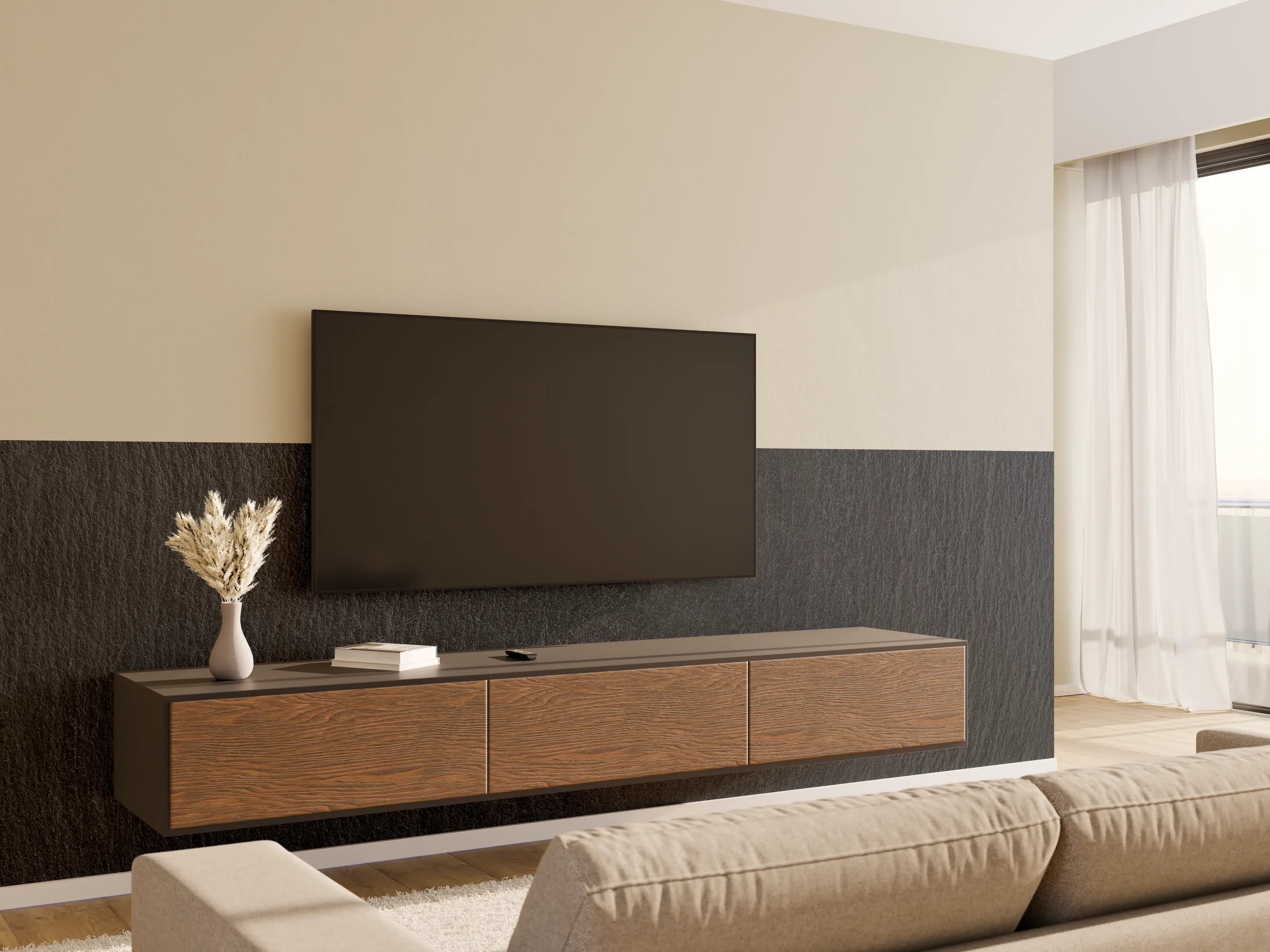 Wandverkleidung Wohnzimmer - Dunkle Holzoptik - Elegante Wandgestaltung