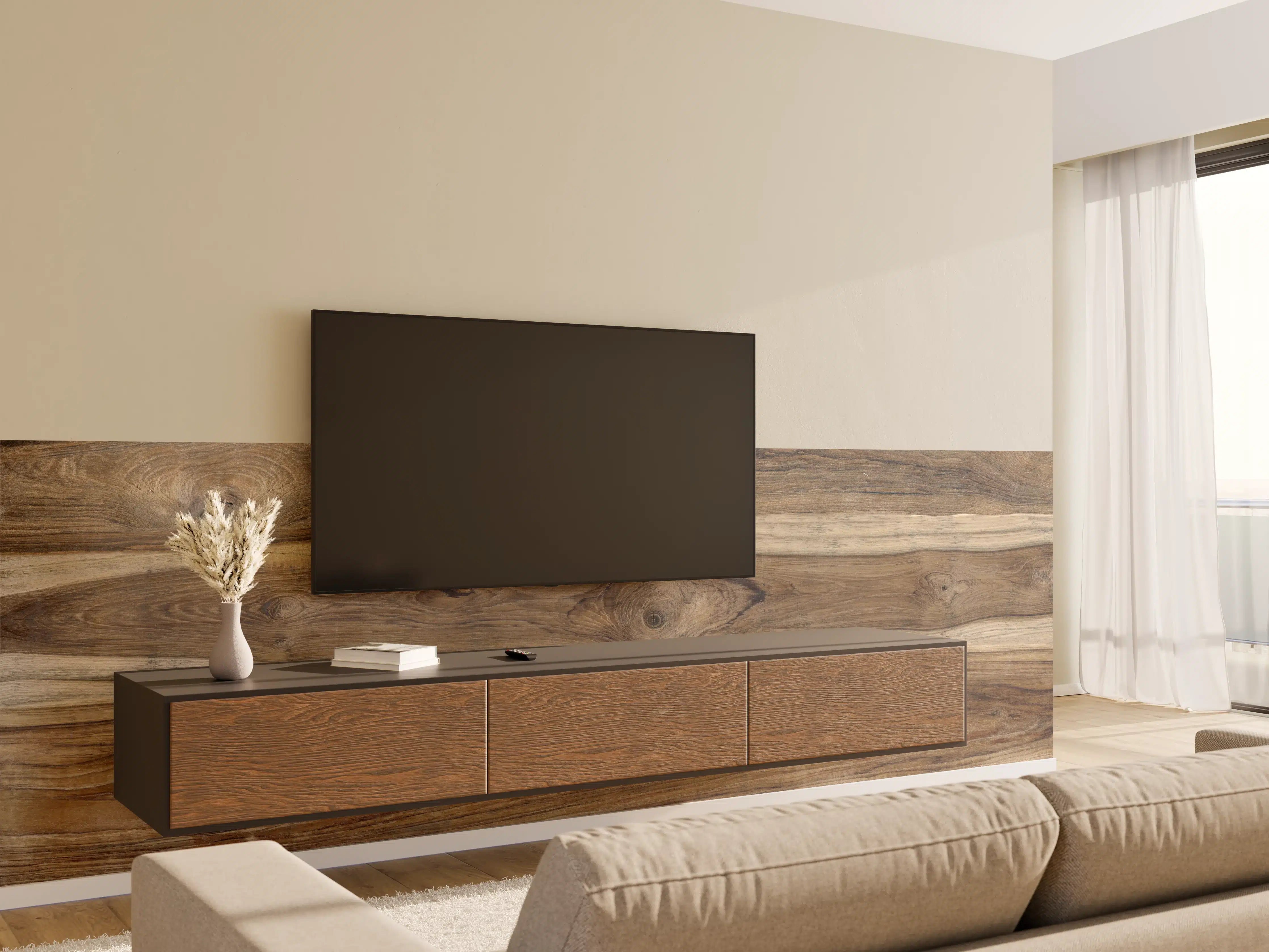 Wandverkleidung Wohnzimmer - Dunkle Holzoptik