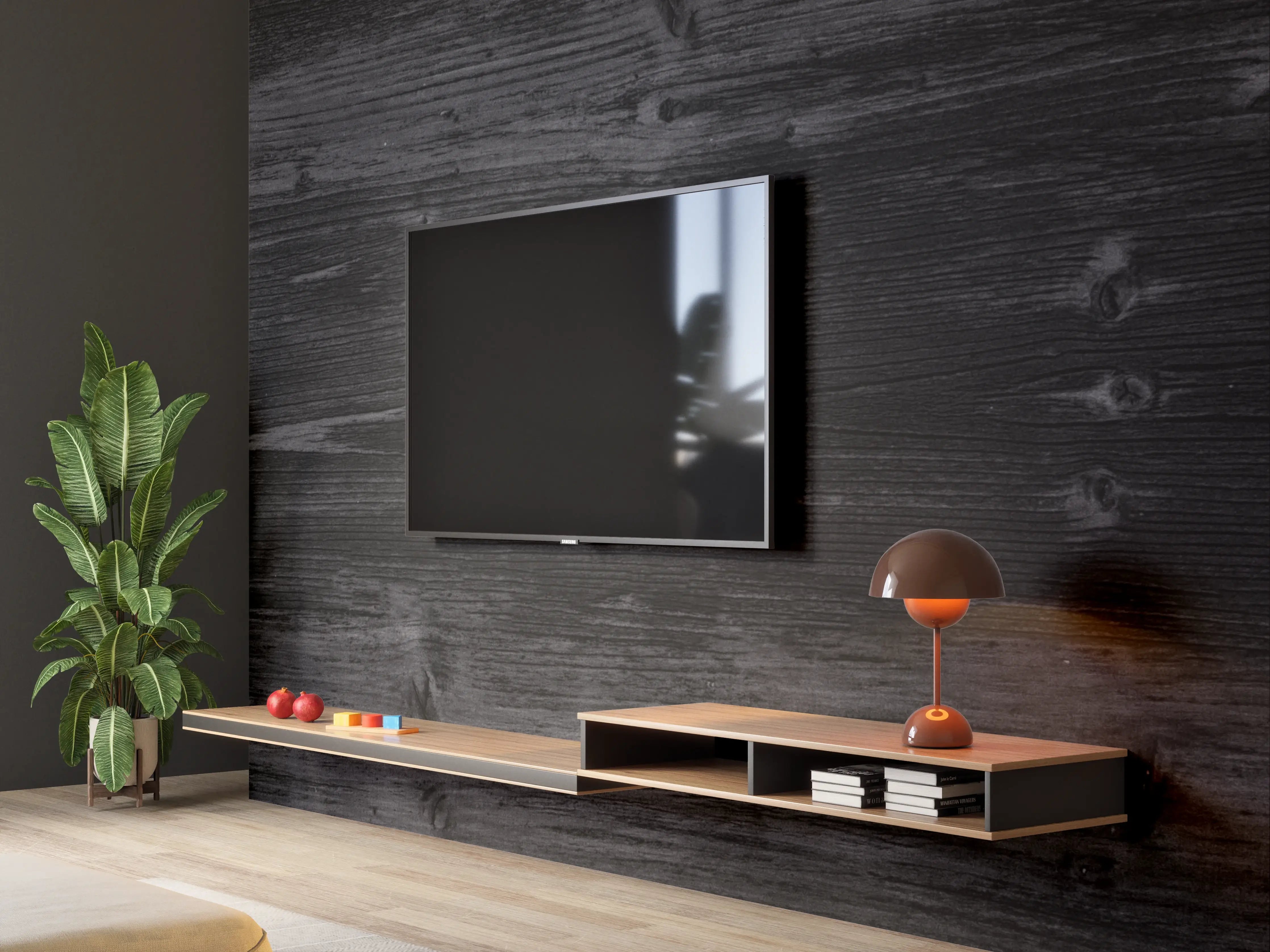 Wandverkleidung Wohnzimmer - Dunkle Holztextur - Edle Wandgestaltung