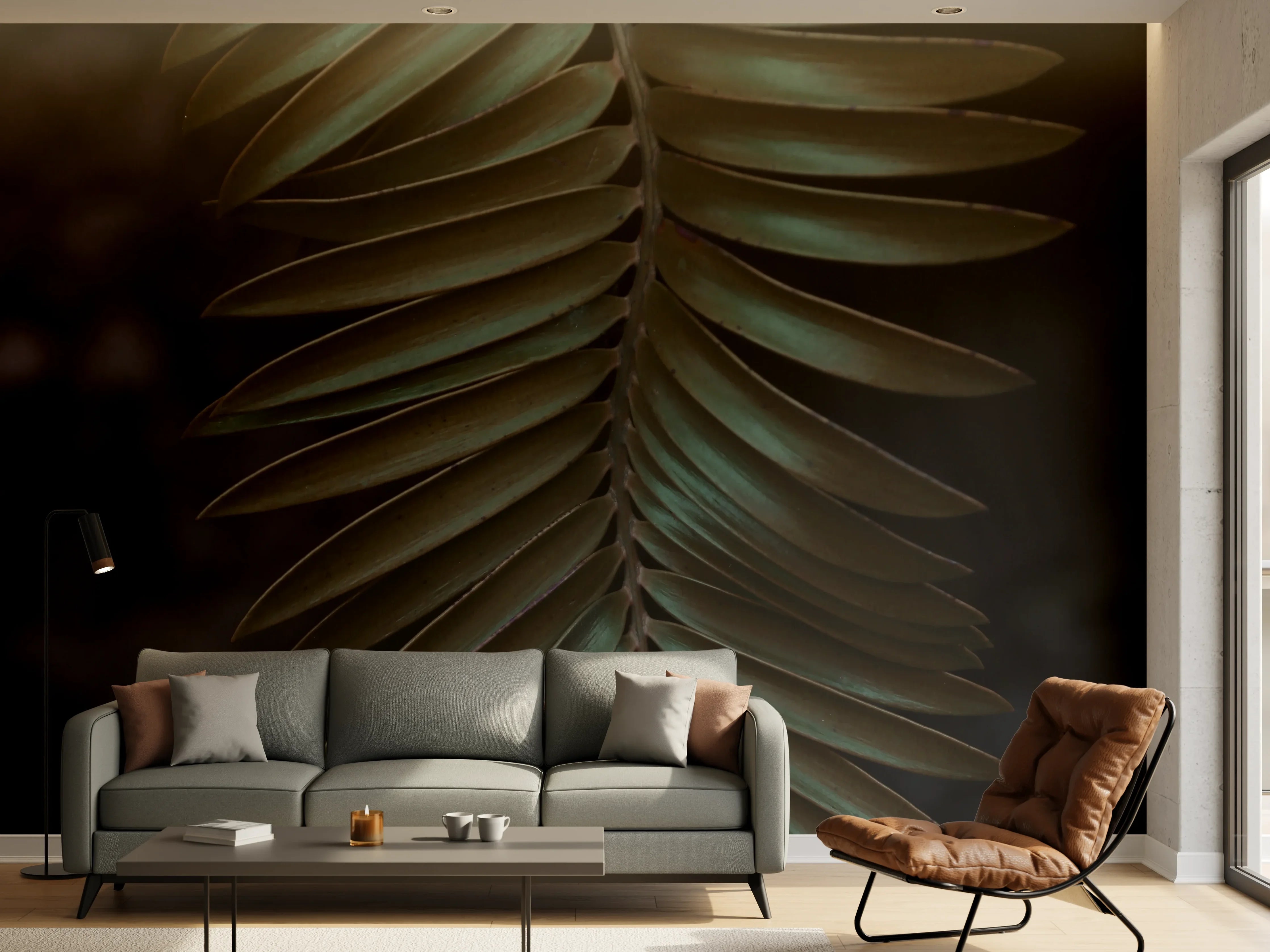 Wandverkleidung Wohnzimmer - Dunkle Palmblätter im Dämmerlicht