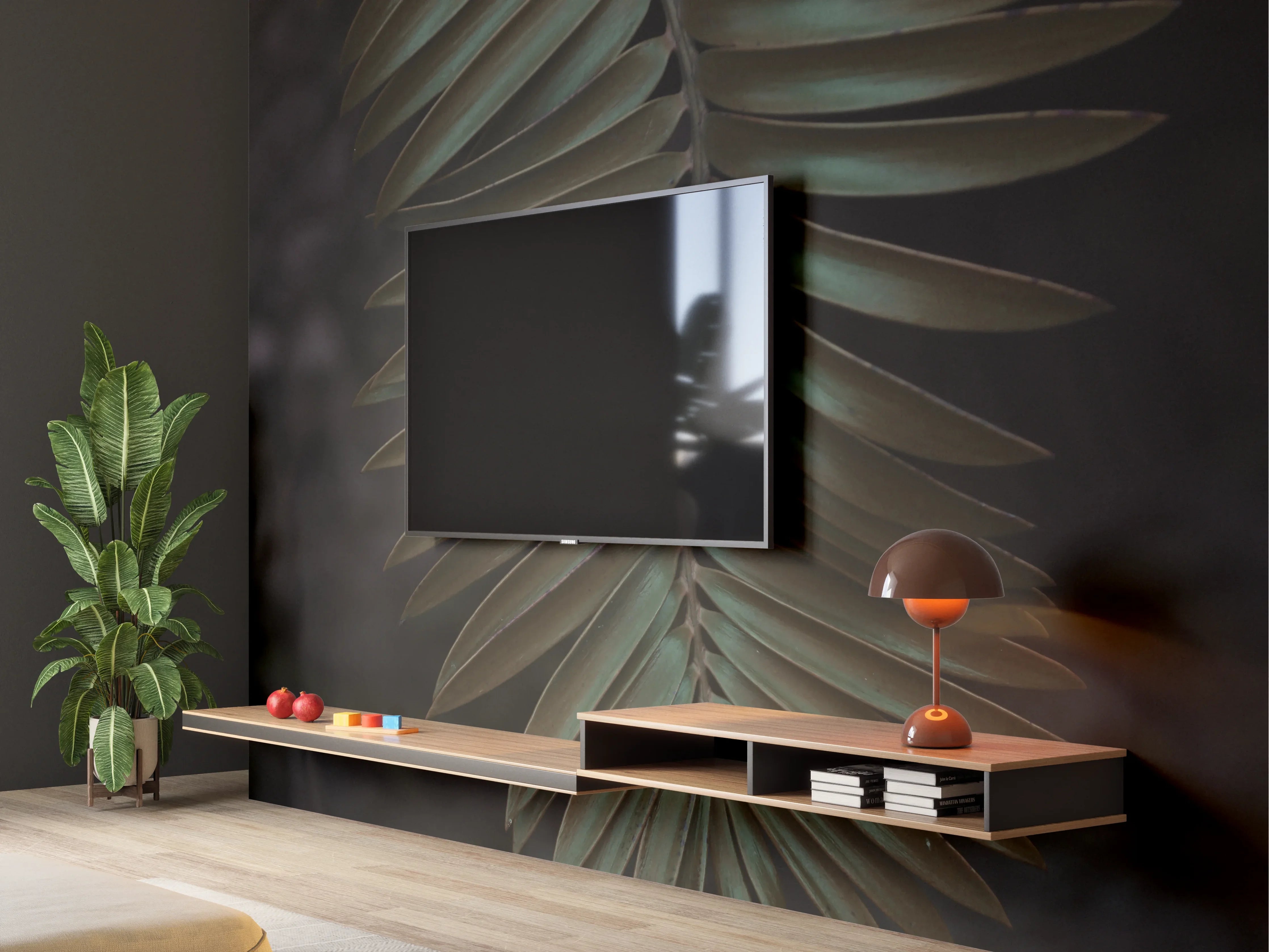 Wandverkleidung Wohnzimmer - Dunkle Palmblätter im Dämmerlicht
