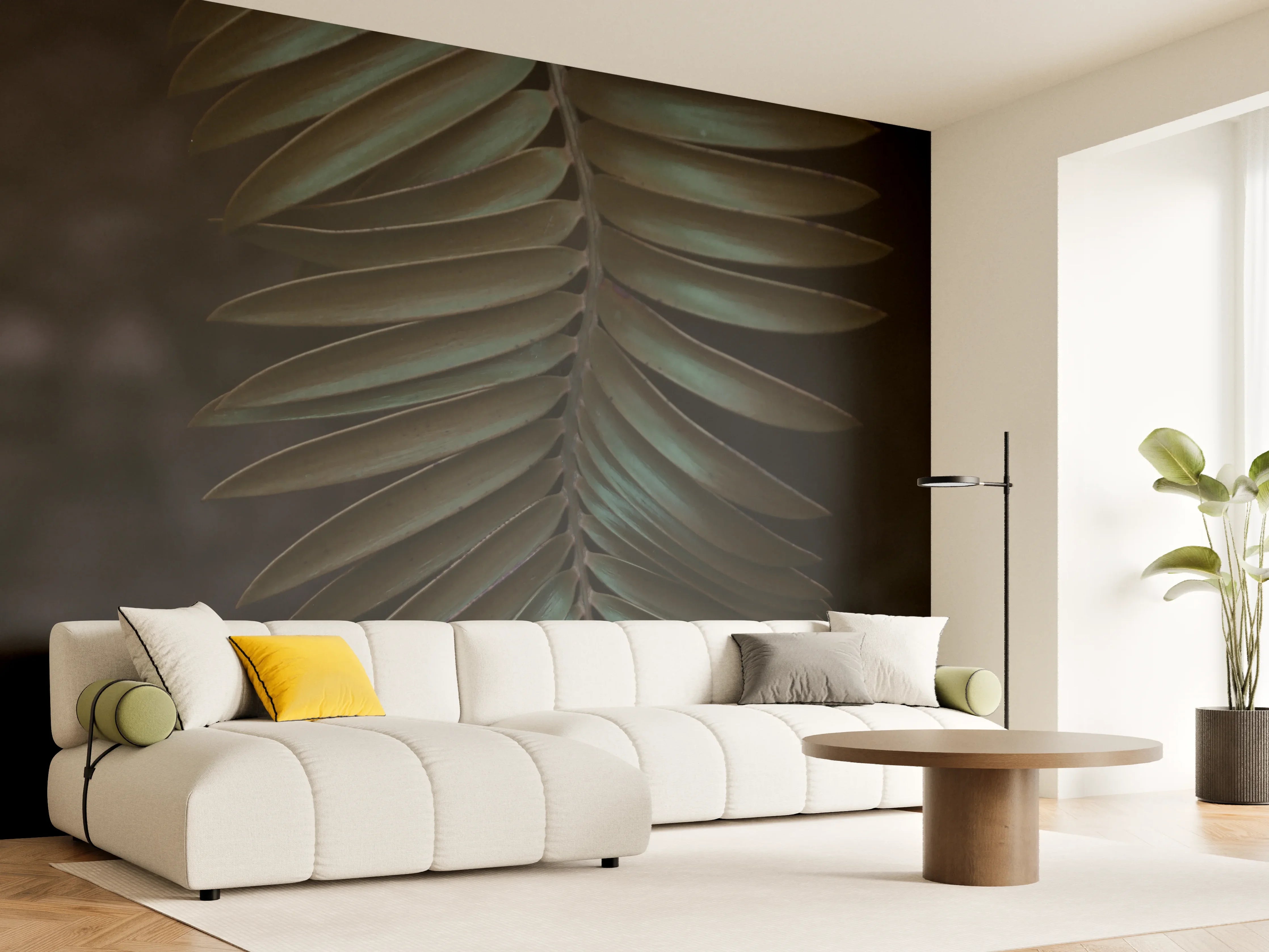 Wandverkleidung Wohnzimmer - Dunkle Palmblätter im Dämmerlicht