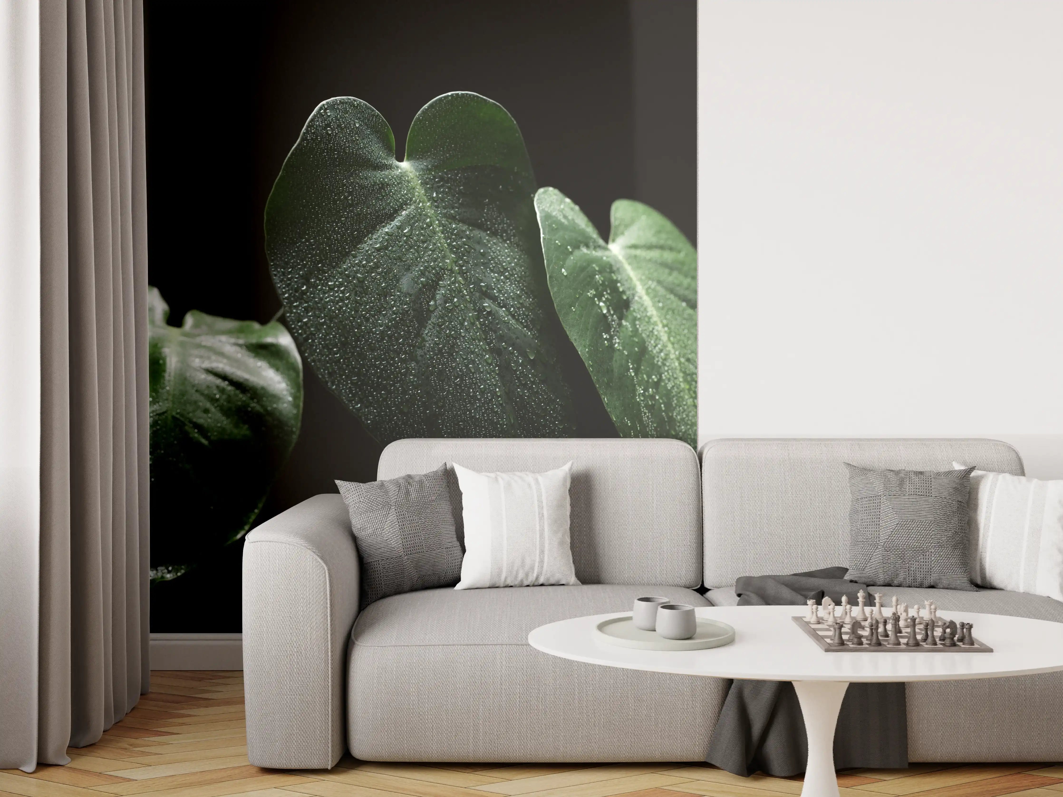 Wandverkleidung Wohnzimmer - Dunkle grüne Blätter mit Wassertröpfchen