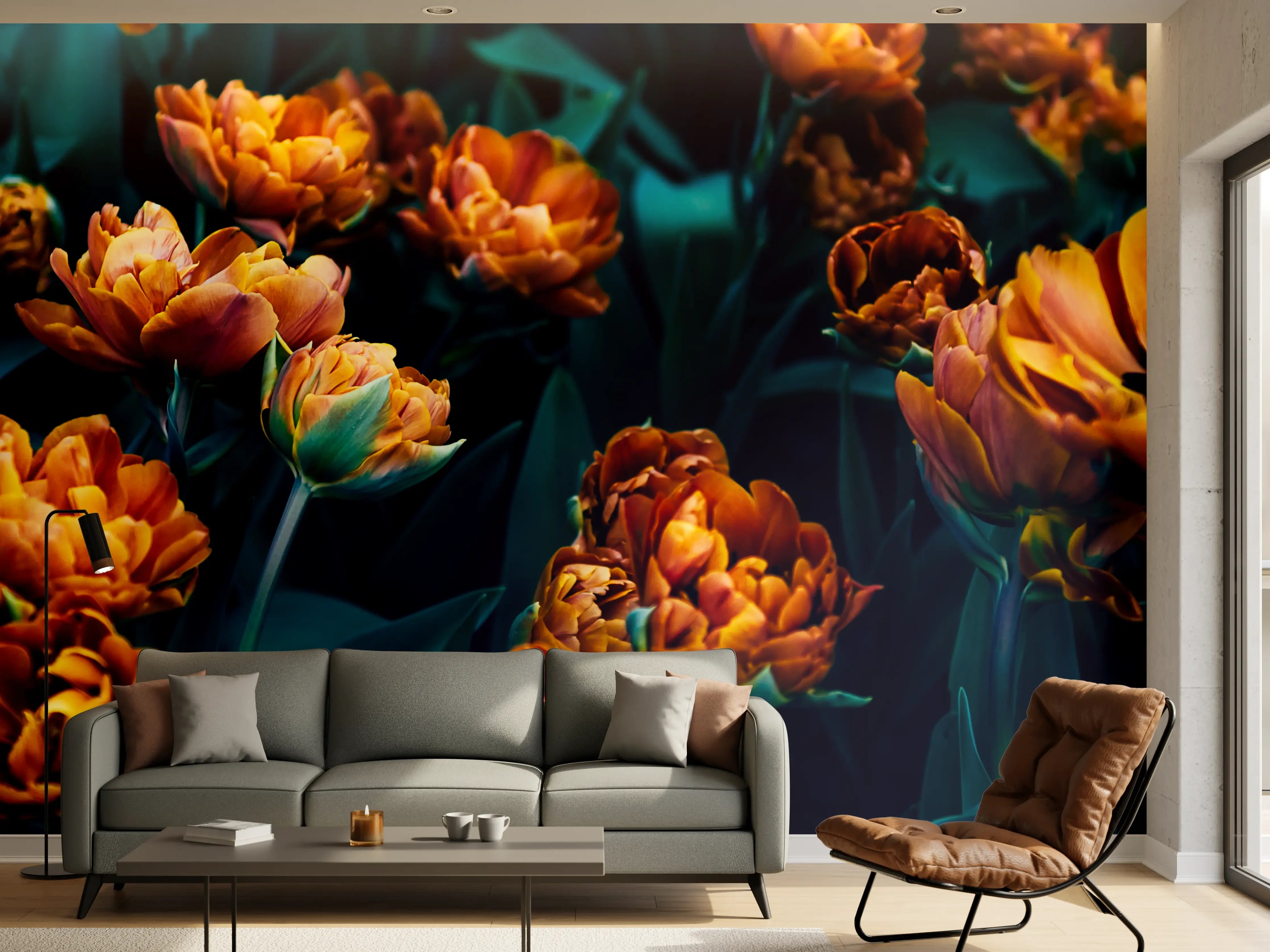 Wandverkleidung Wohnzimmer - Dunkle orangefarbene Tulpen im Garten