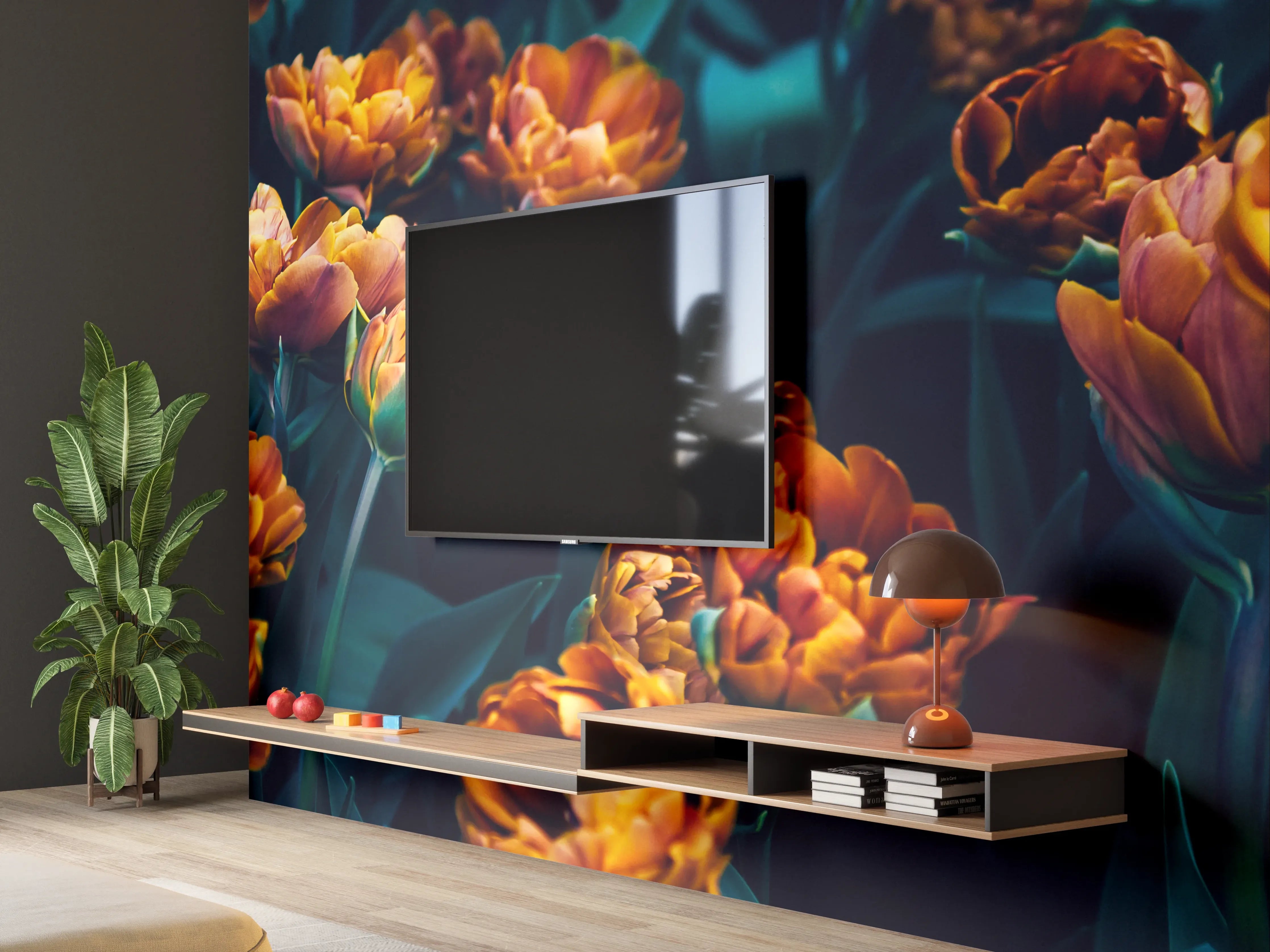 Wandverkleidung Wohnzimmer - Dunkle orangefarbene Tulpen im Garten