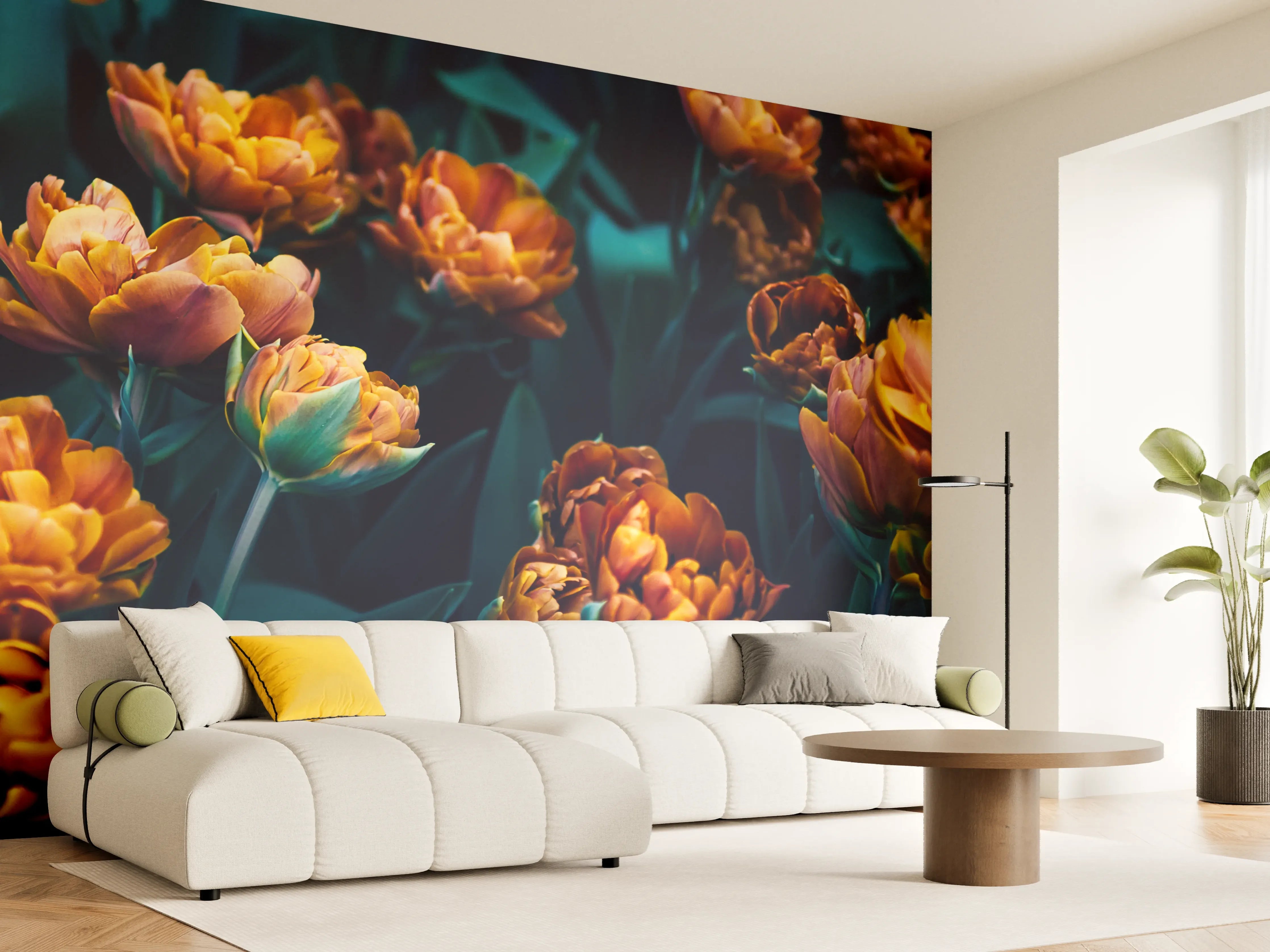 Wandverkleidung Wohnzimmer - Dunkle orangefarbene Tulpen im Garten