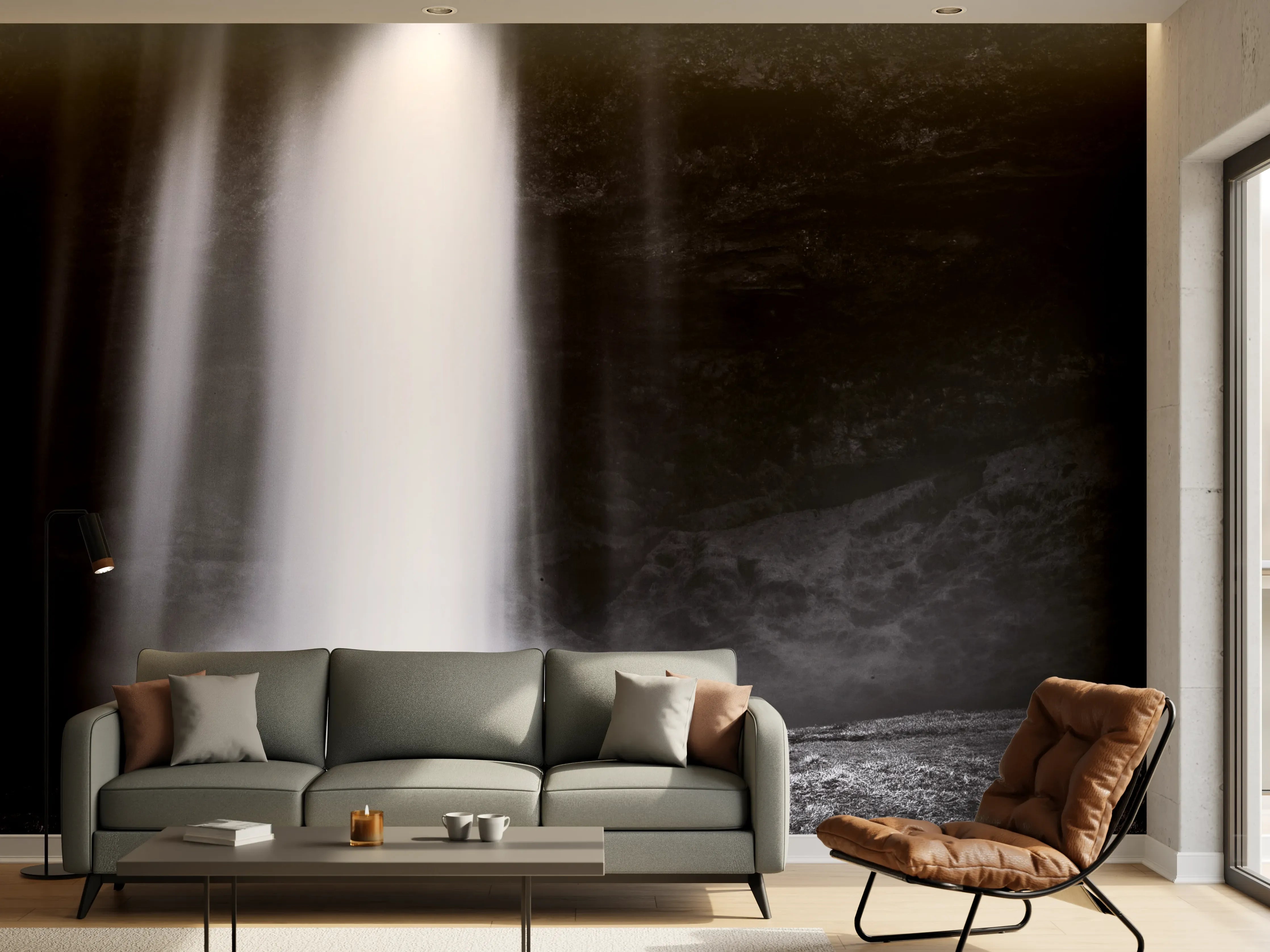 Wandverkleidung Wohnzimmer - Dunkler Wasserfall in der Nacht