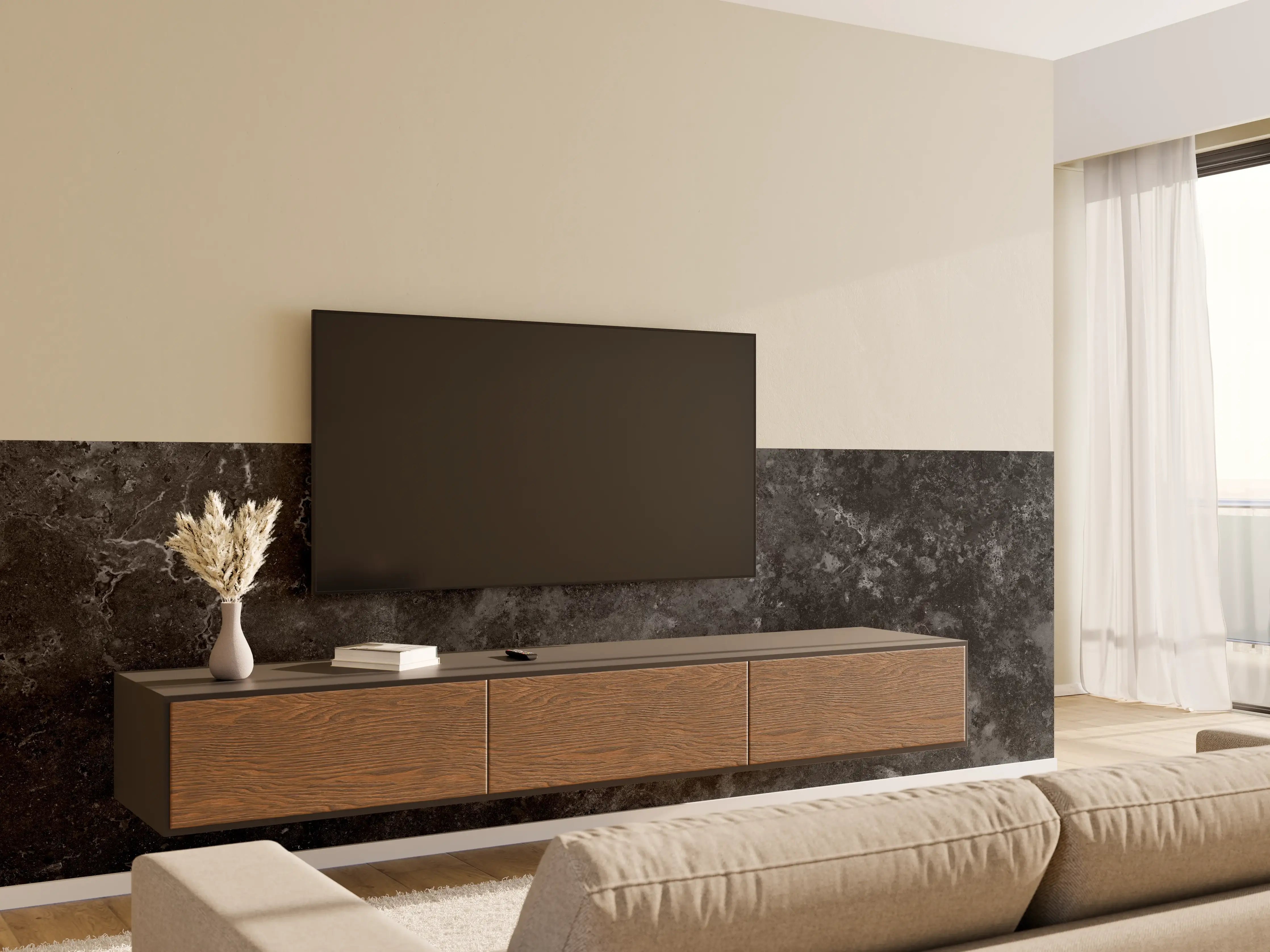 Wandverkleidung Wohnzimmer - Dunkles Marmor Stein Design
