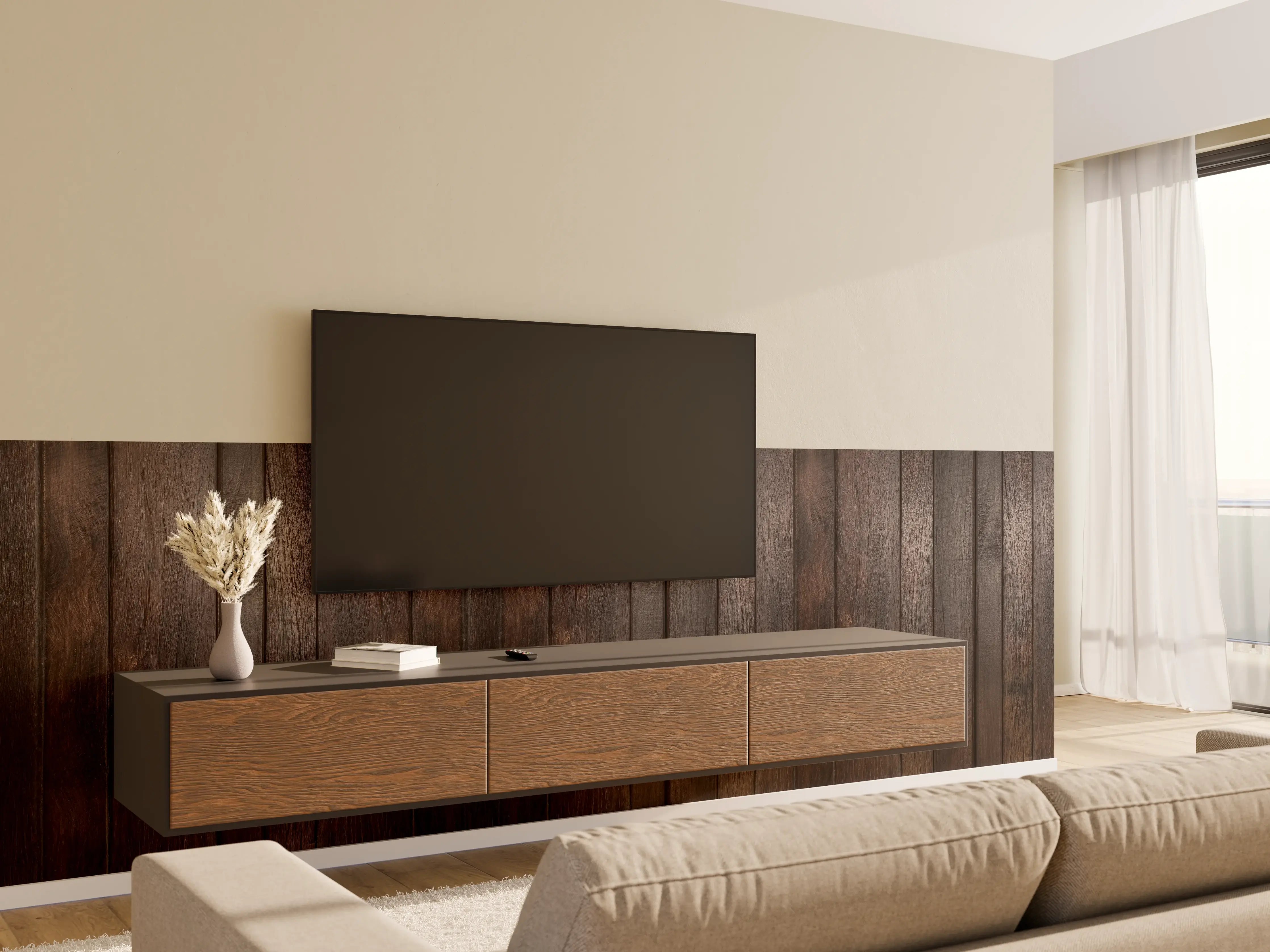 Wandverkleidung Wohnzimmer - Dunkles glasiertes Holz