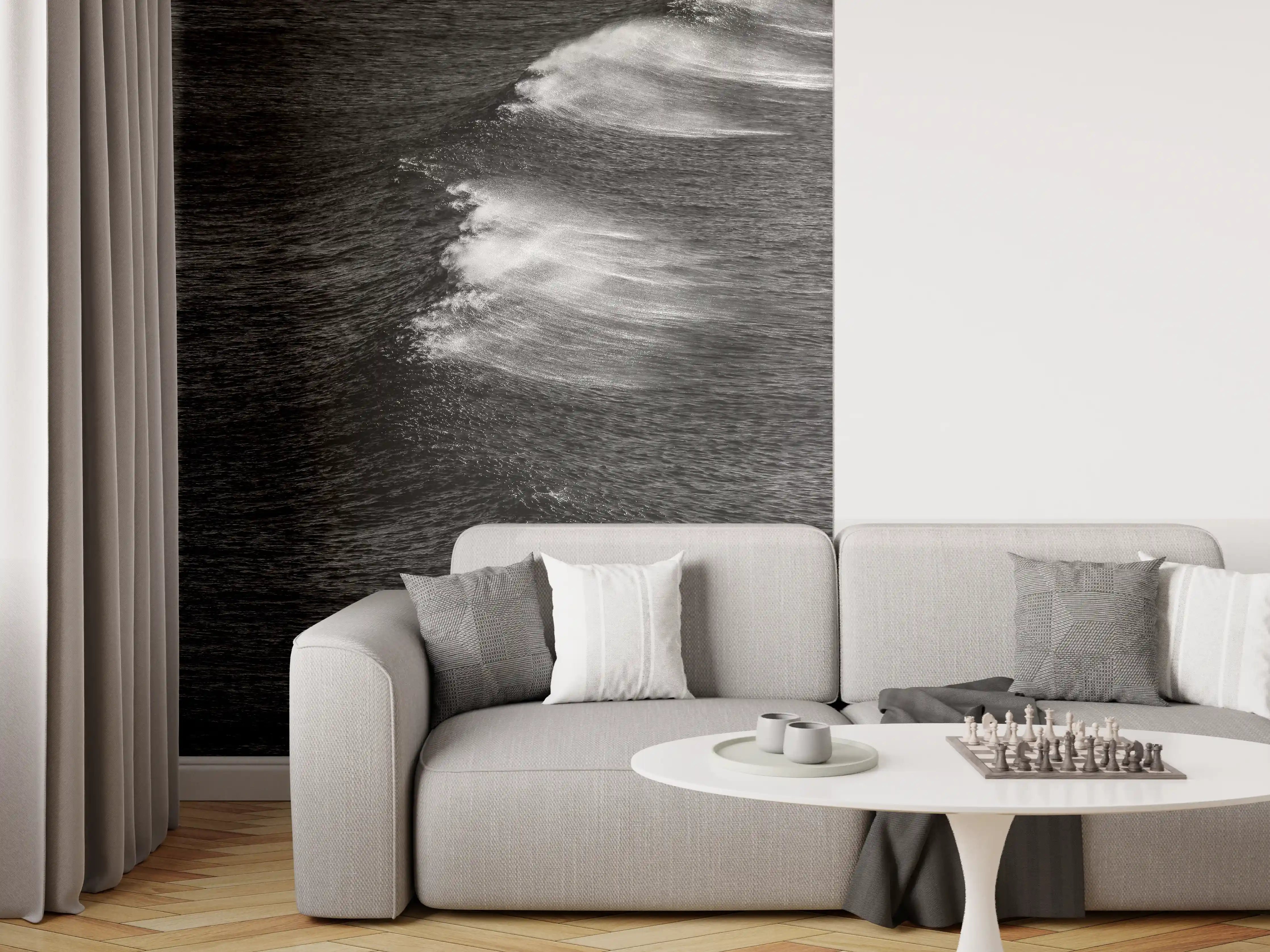 Wandverkleidung Wohnzimmer - Dynamische Wasserbewegung in Schwarz-Weiß