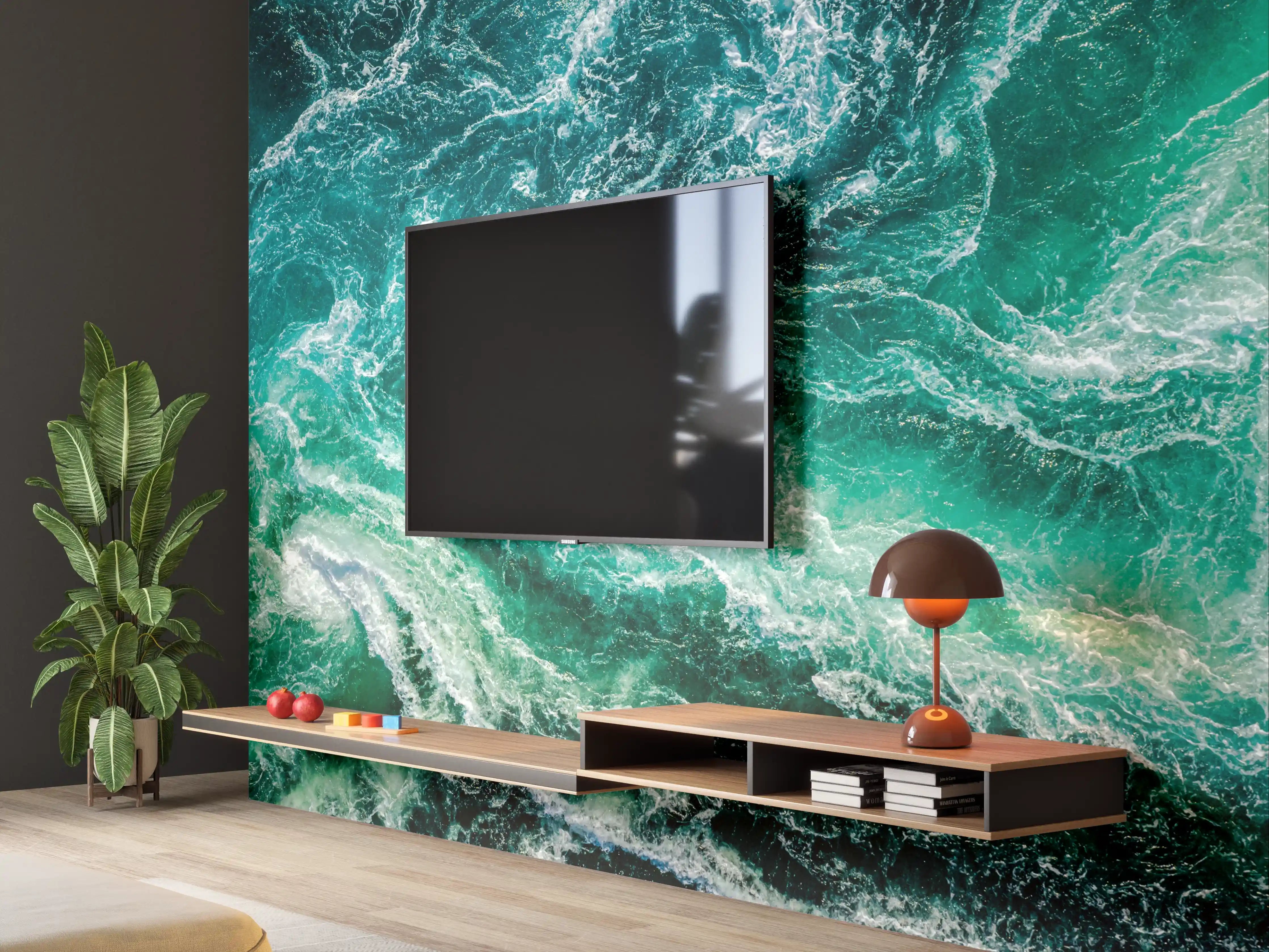 Wandverkleidung Wohnzimmer - Dynamische Wasserwellen in Blau und Grün