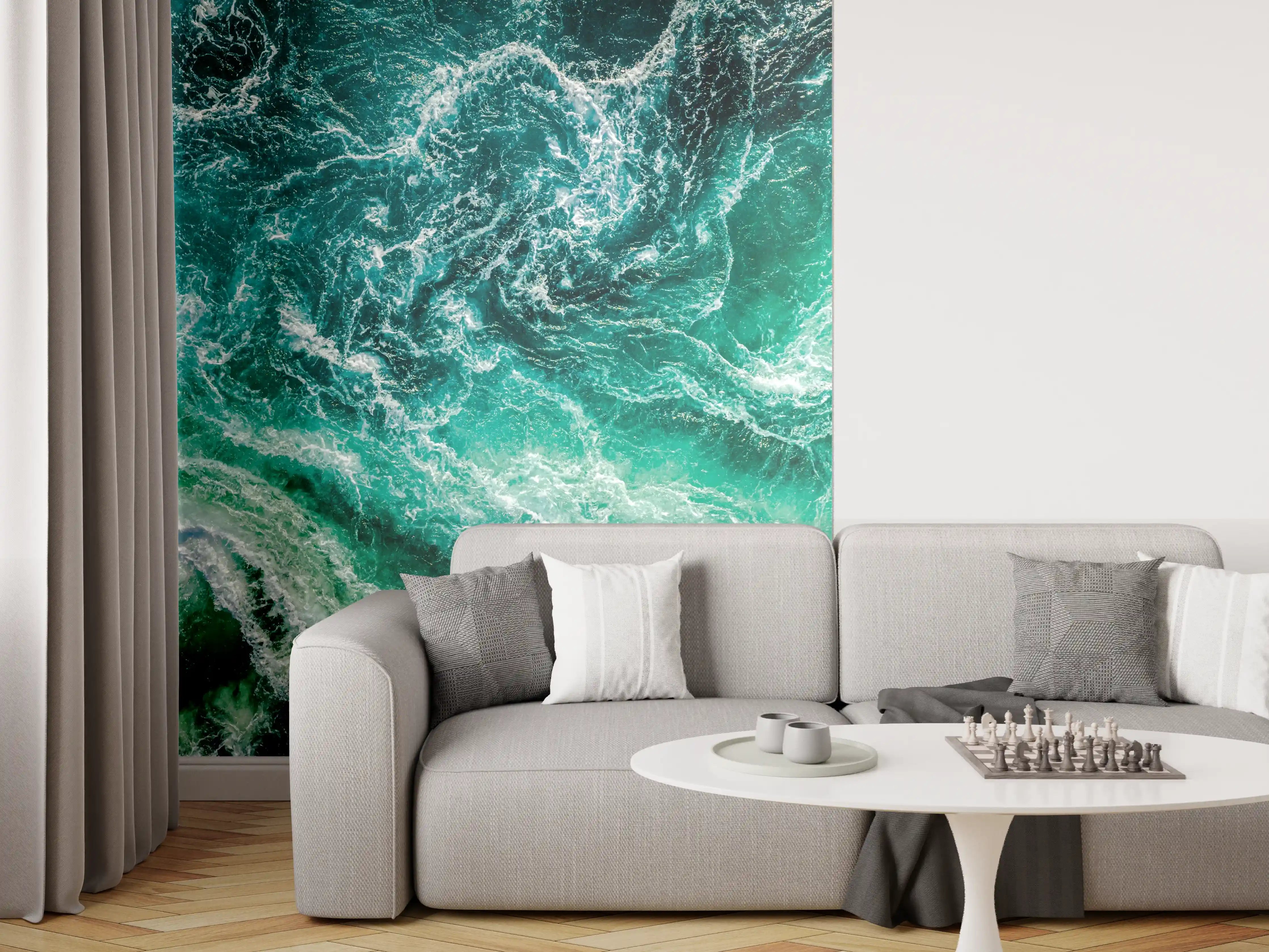 Wandverkleidung Wohnzimmer - Dynamische Wasserwellen in Blau und Grün
